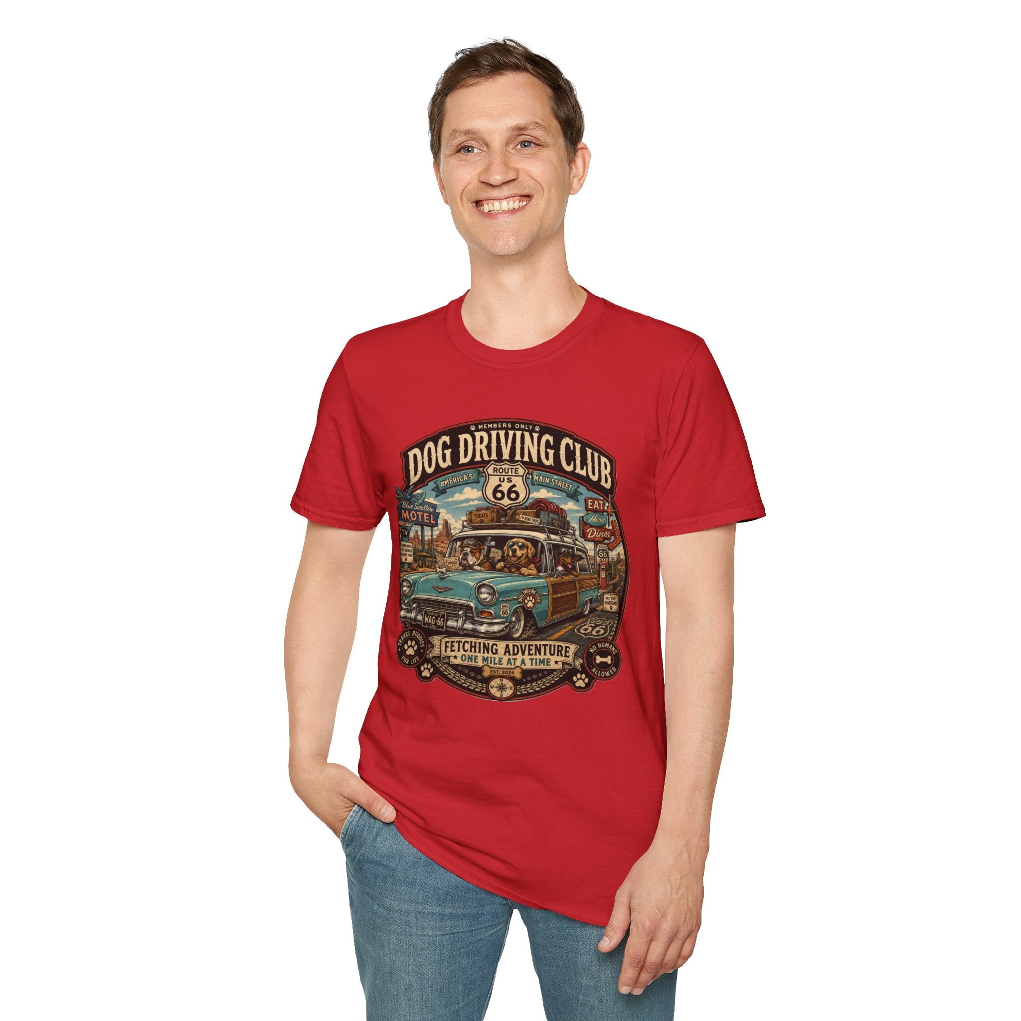The Dog Driving Club T‑Shirt — Route 66 Retro Pet Road Trip Tee