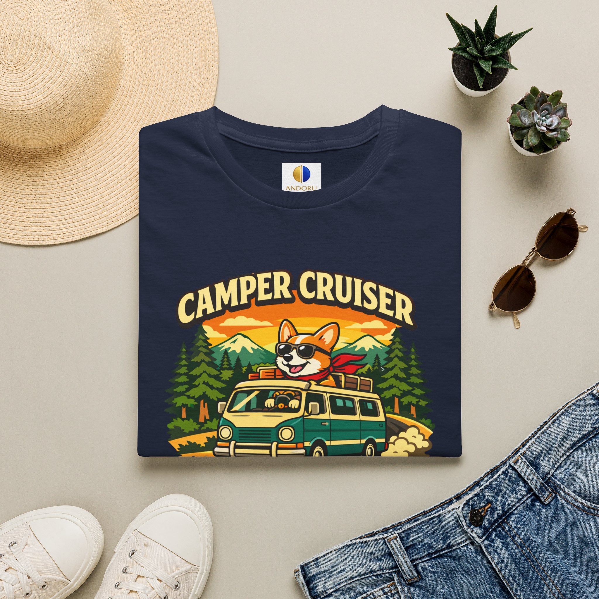 Camper Cruiser T-Shirt — Cute Corgi Van Life Graphic Tee for Camping Lovers