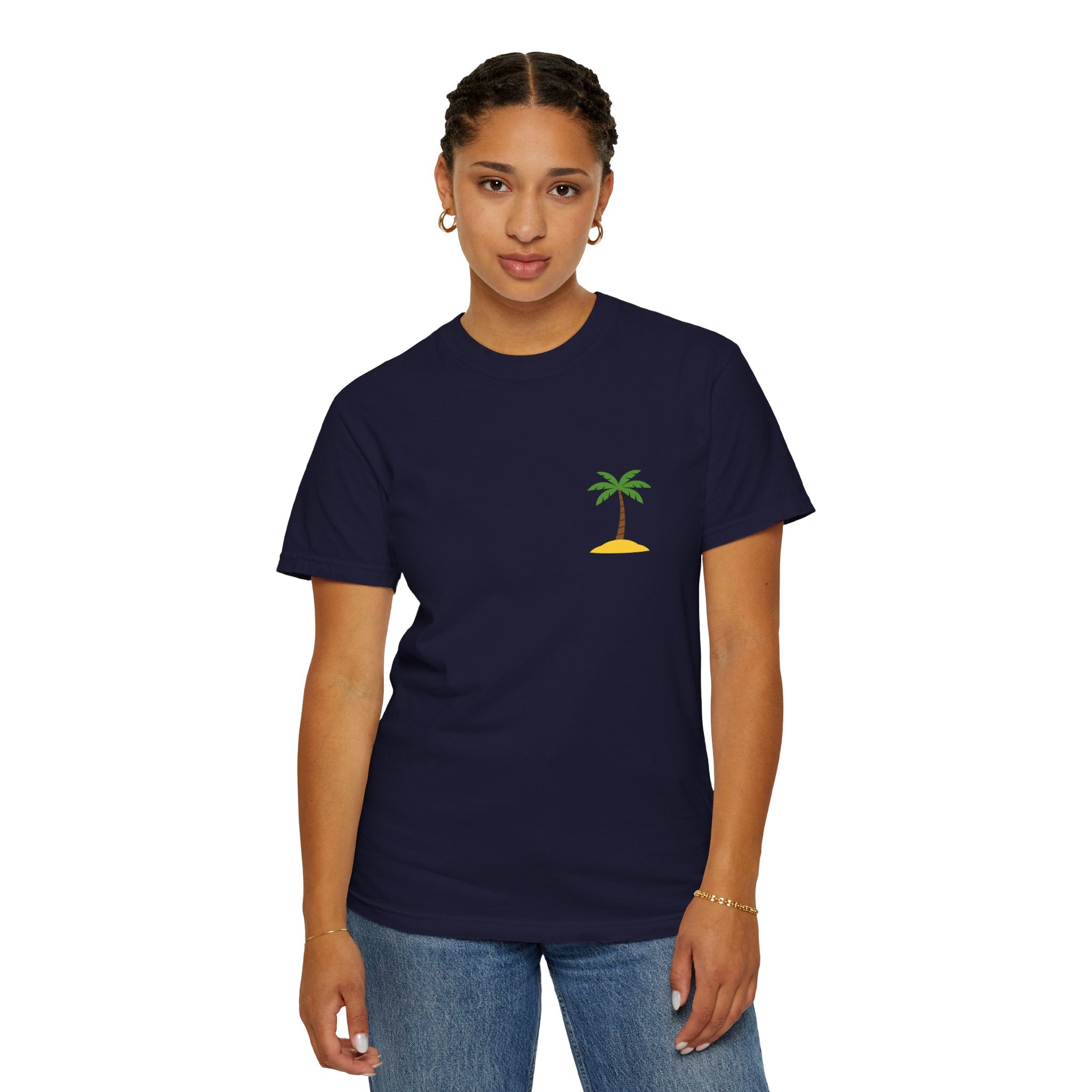 Palm Island Chest Tee — Minimal Tropical Graphic T-Shirt