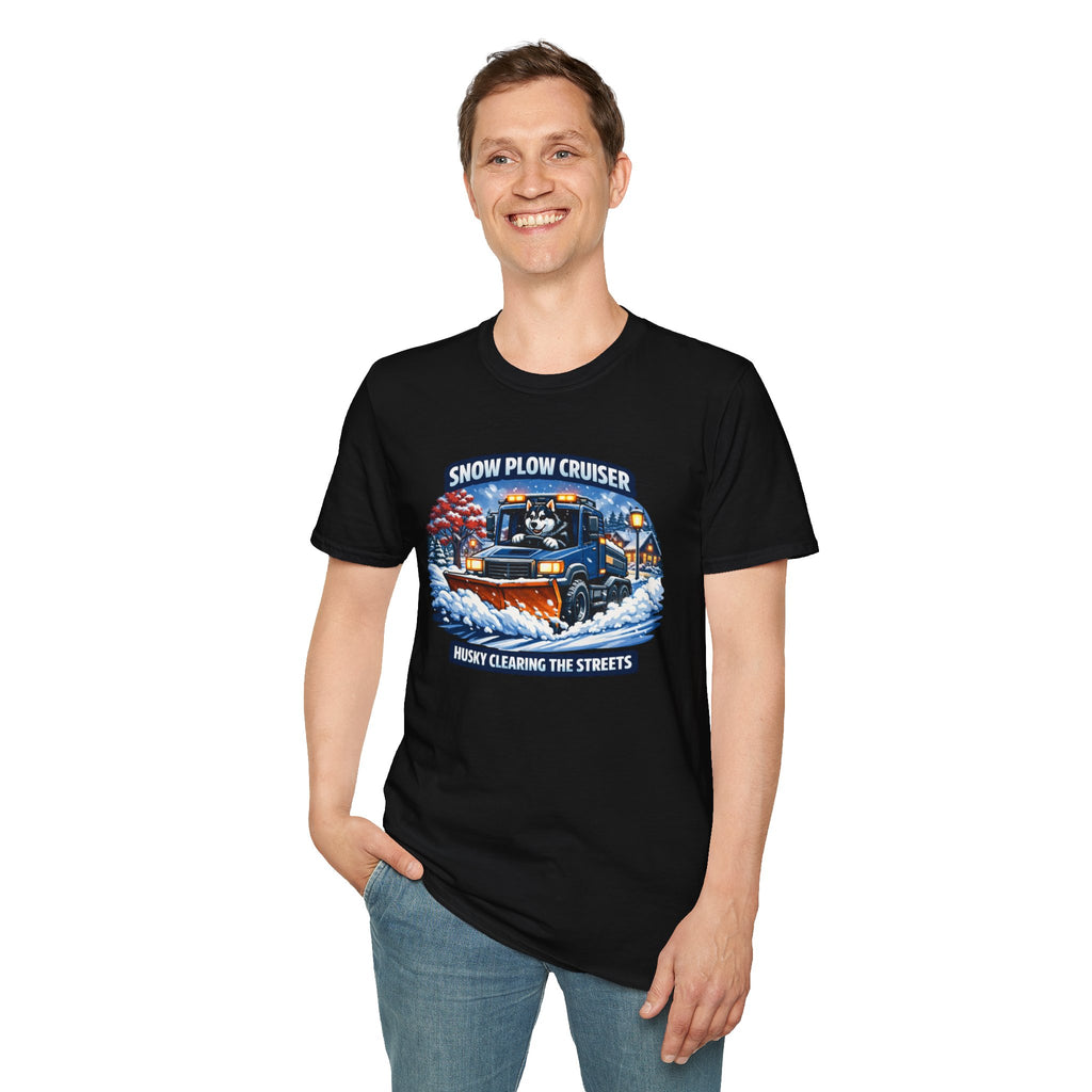 Snow Plow Cruiser T-Shirt — Husky Driving Plow Winter Tee