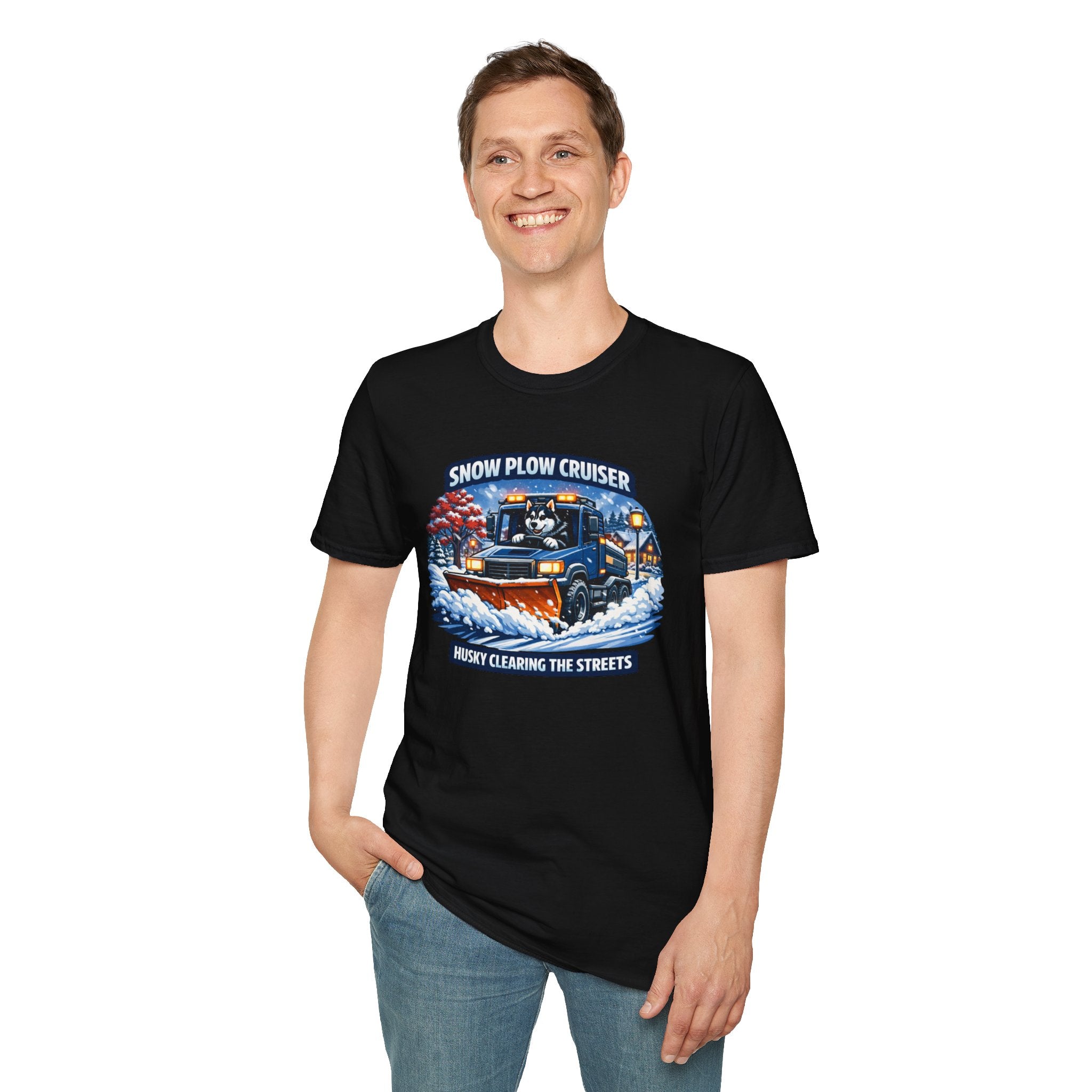 Snow Plow Cruiser T-Shirt — Husky Driving Plow Winter Tee