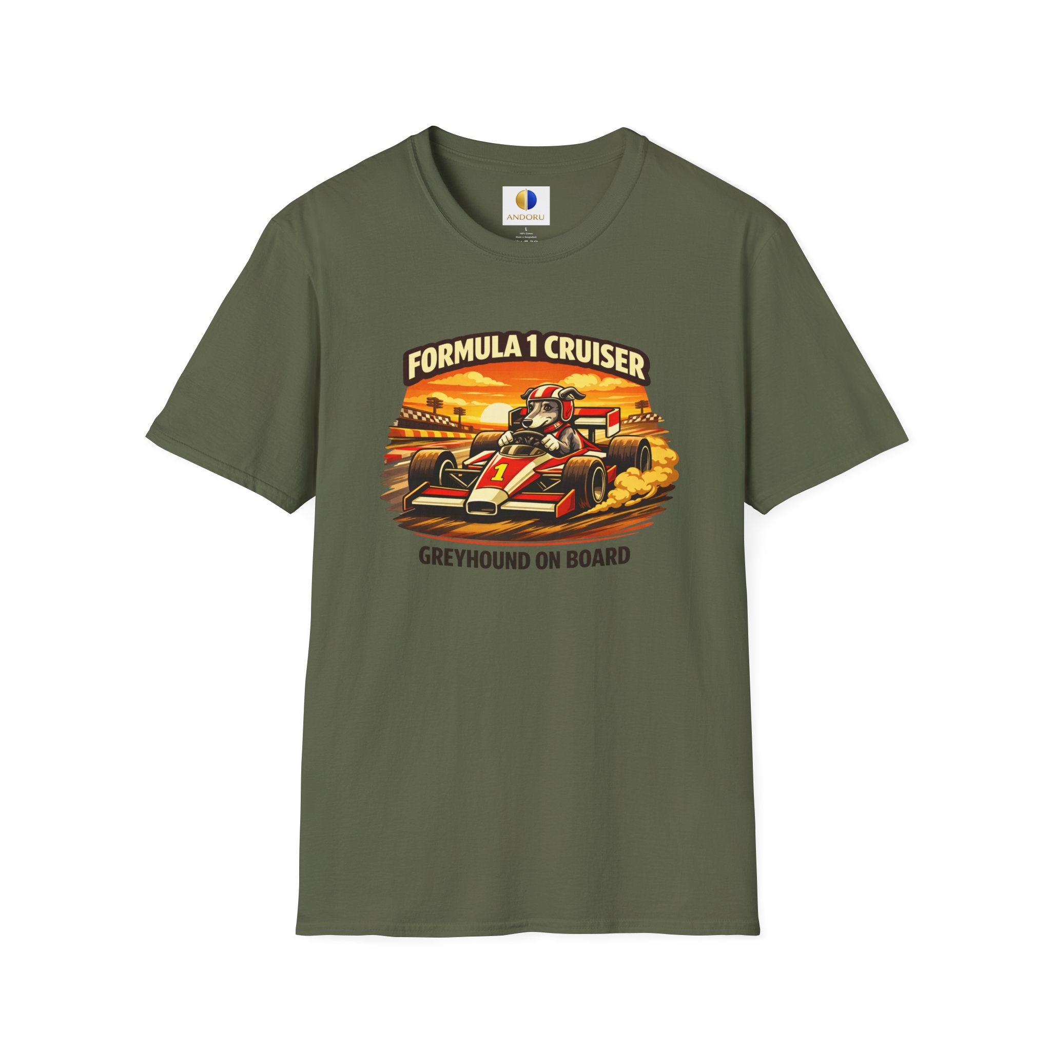 Formula 1 Cruiser T-Shirt — Vintage Racecar Graphic ("Greyhound On Board")