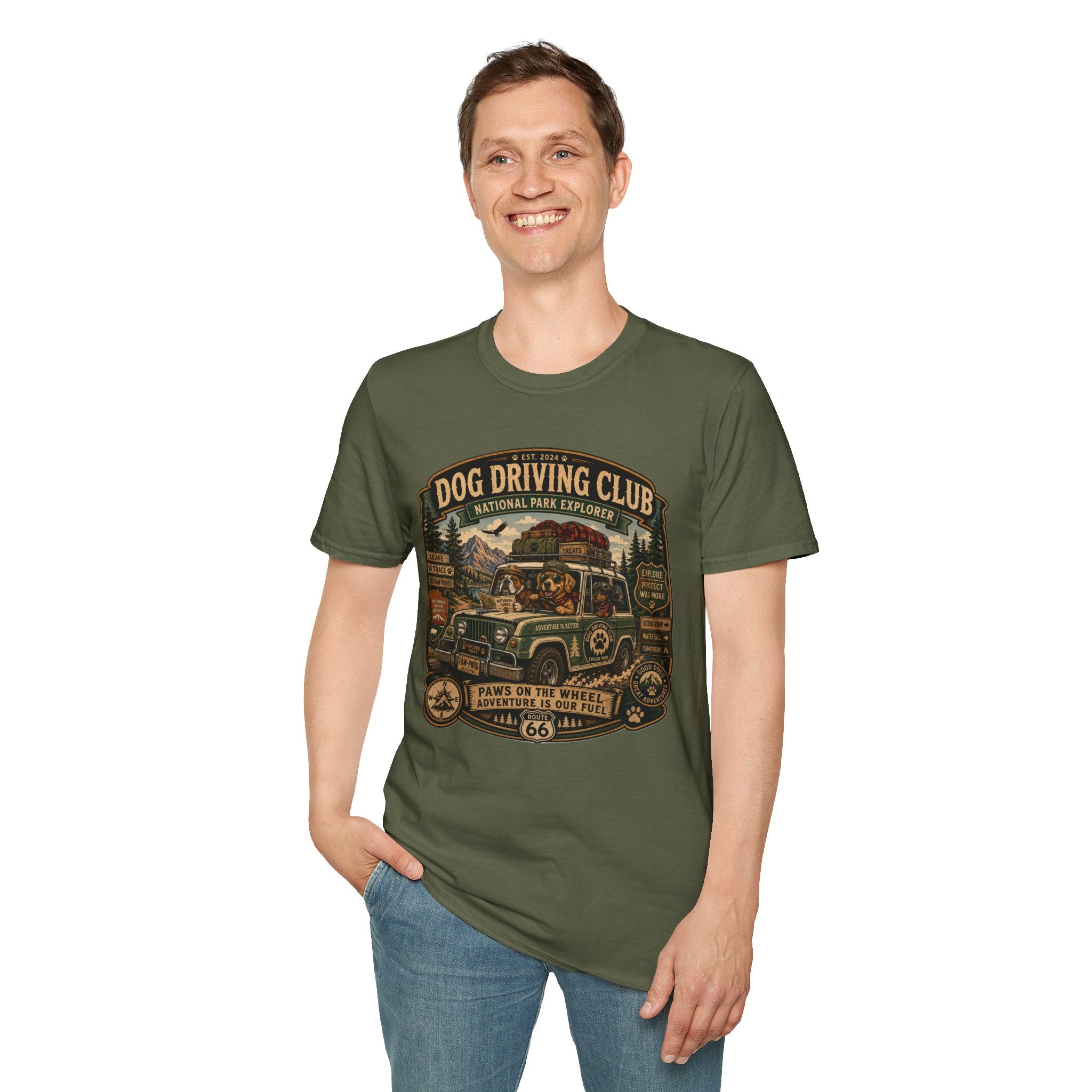 Dog Driving Club T‑Shirt — National Park Explorer Retro Pet Road Trip Tee