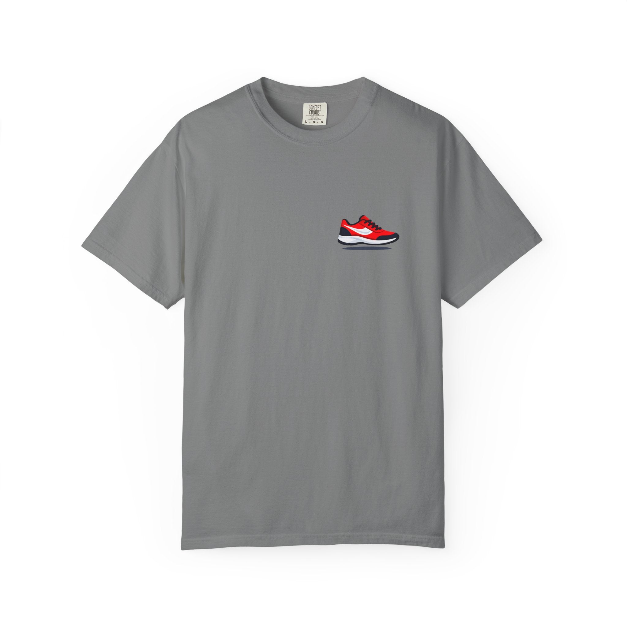 Sneaker Chest Tee — Minimal Red Running Shoe Graphic