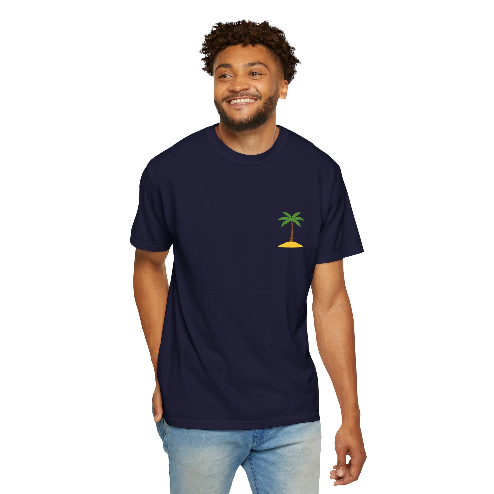 Palm Island Chest Tee — Minimal Tropical Graphic T-Shirt