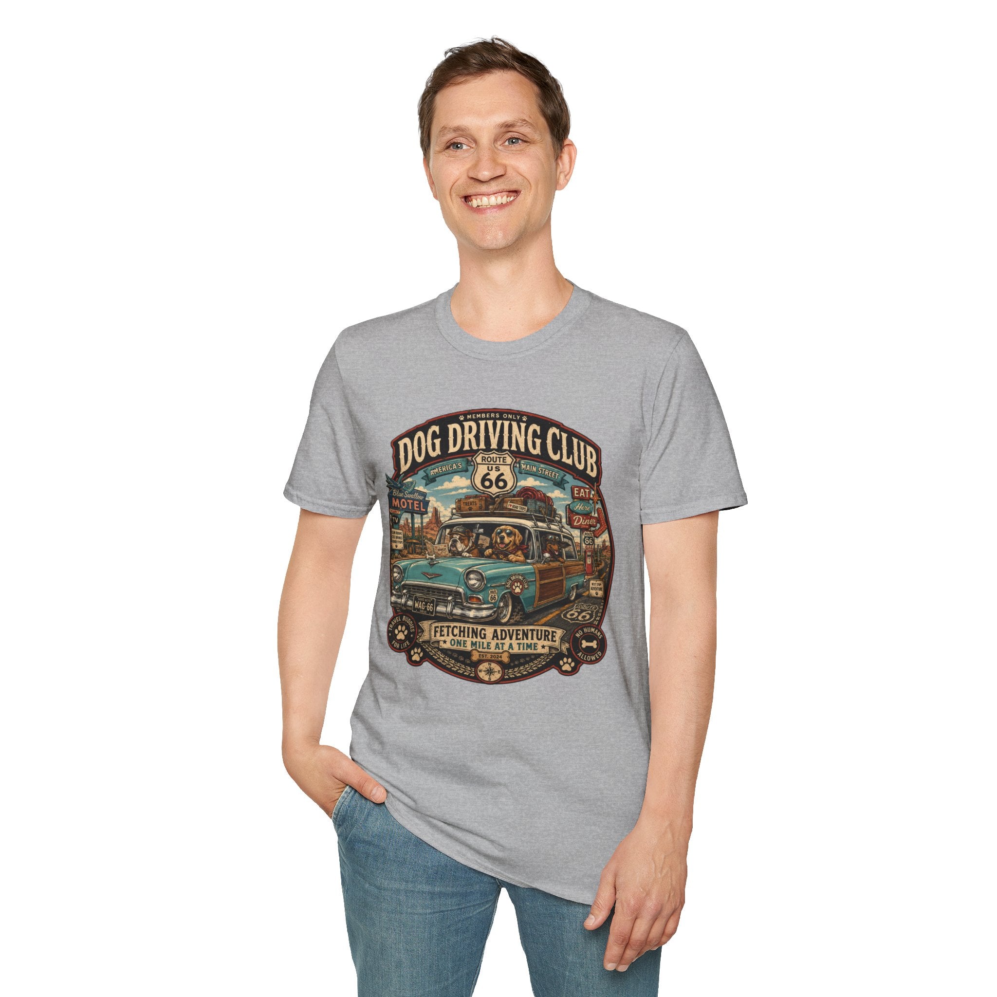 The Dog Driving Club T‑Shirt — Route 66 Retro Pet Road Trip Tee