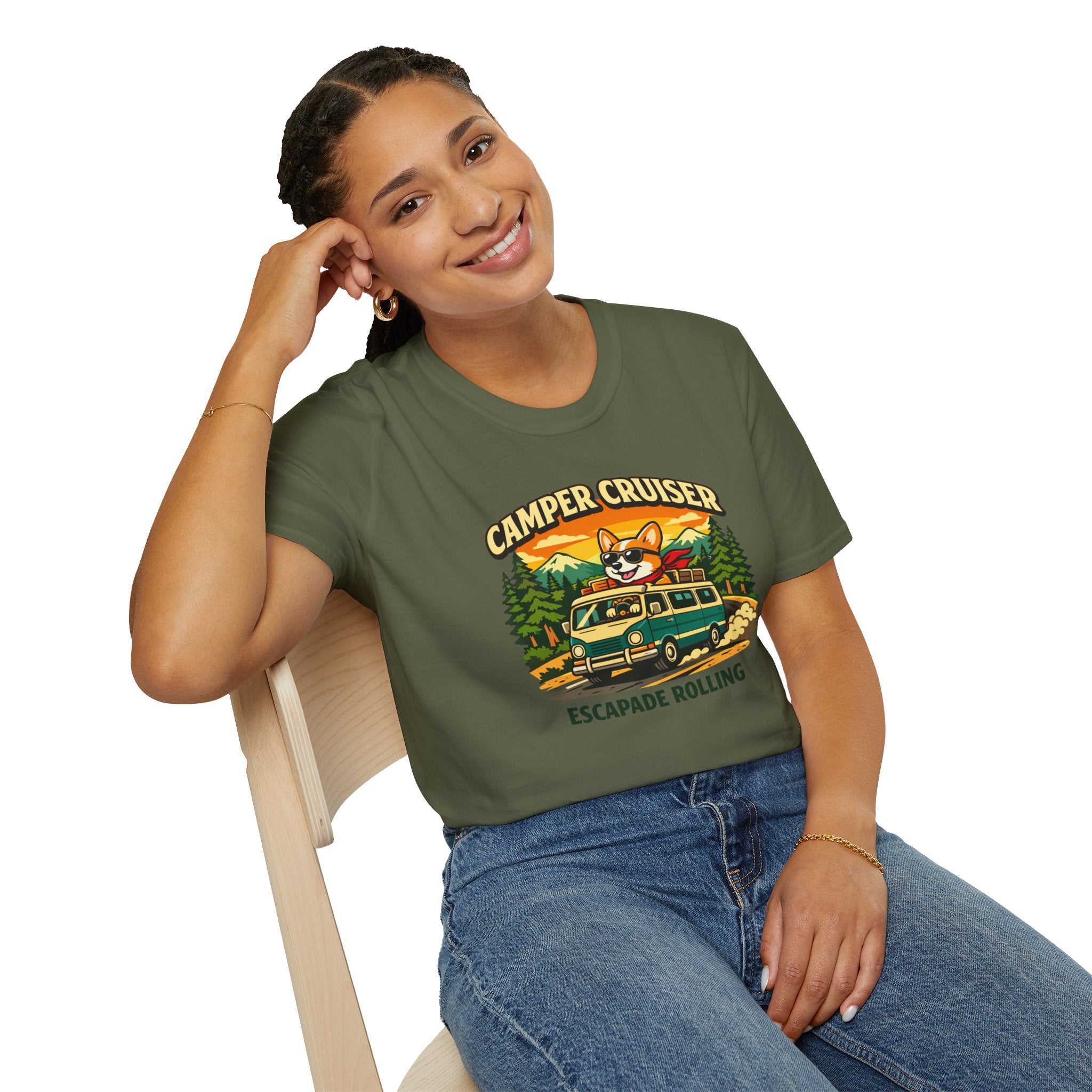Camper Cruiser T-Shirt — Cute Corgi Van Life Graphic Tee for Camping Lovers