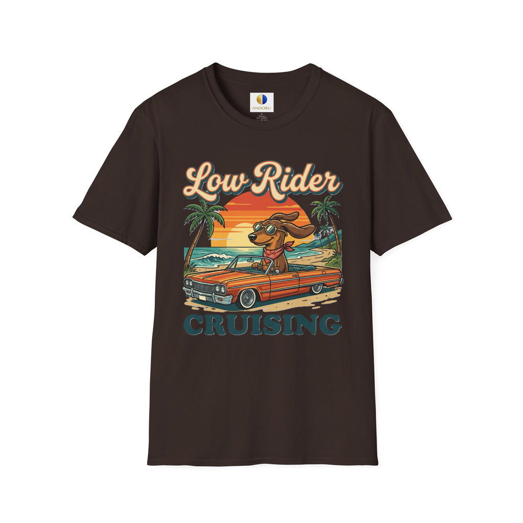 Low Rider Cruise Dog T-Shirt — Retro Palm Sunset Graphic Tee