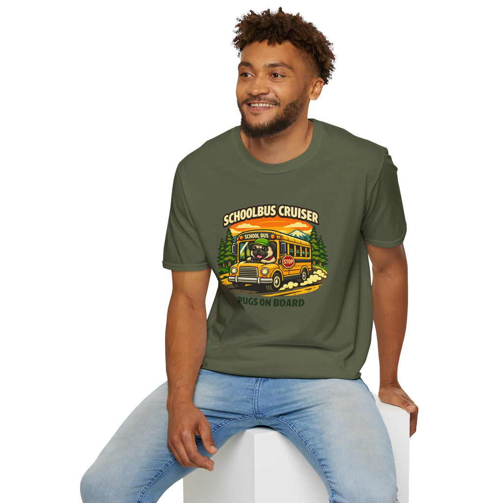Schoolbus Cruiser T-Shirt — "Pugs On Board" Cute Dog Bus Graphic Tee