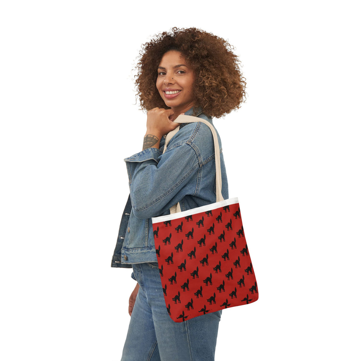 Halloween Spooky Black Cat Red Pattern Canvas Tote Bag