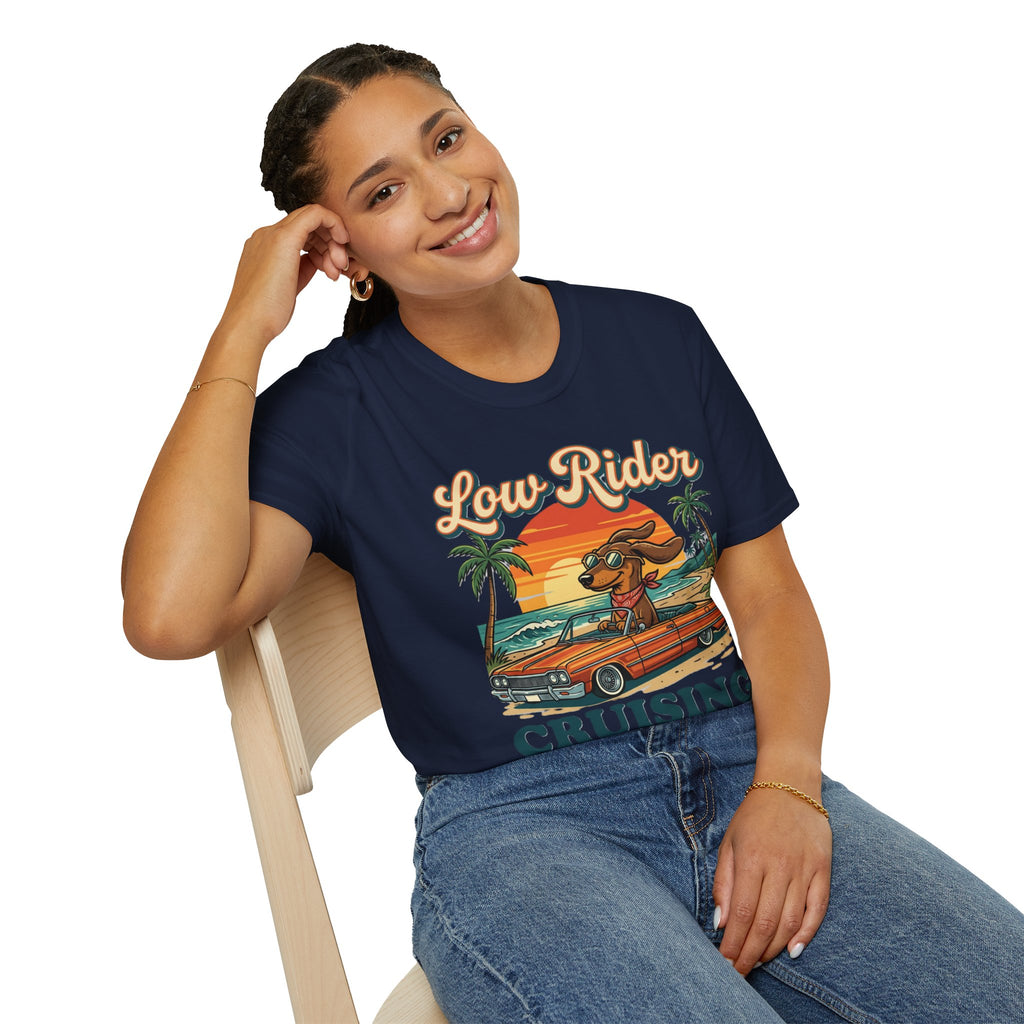 Low Rider Cruise Dog T-Shirt — Retro Palm Sunset Graphic Tee