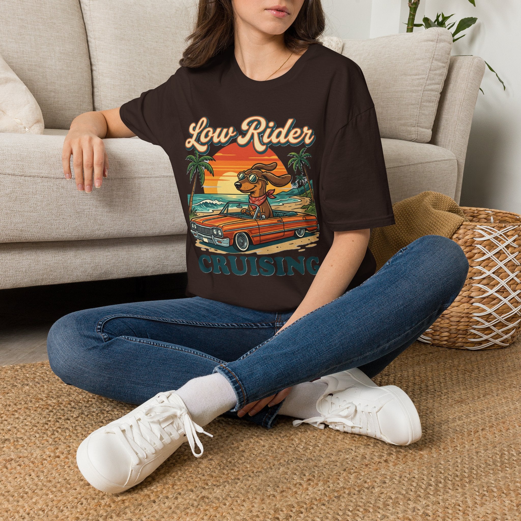 Low Rider Cruise Dog T-Shirt — Retro Palm Sunset Graphic Tee
