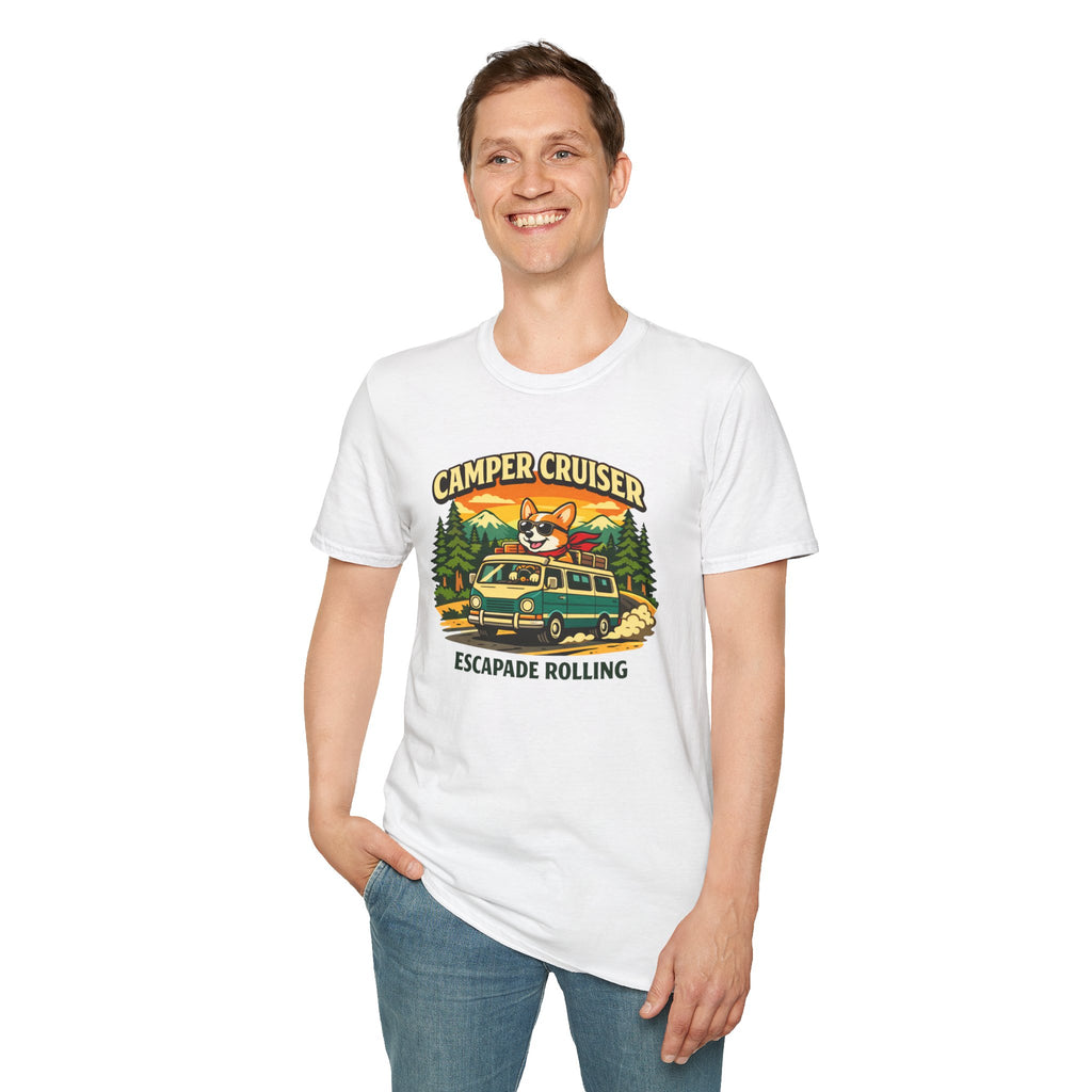 Camper Cruiser T-Shirt — Cute Corgi Van Life Graphic Tee for Camping Lovers