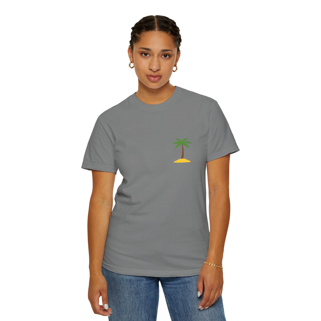 Palm Island Chest Tee — Minimal Tropical Graphic T-Shirt