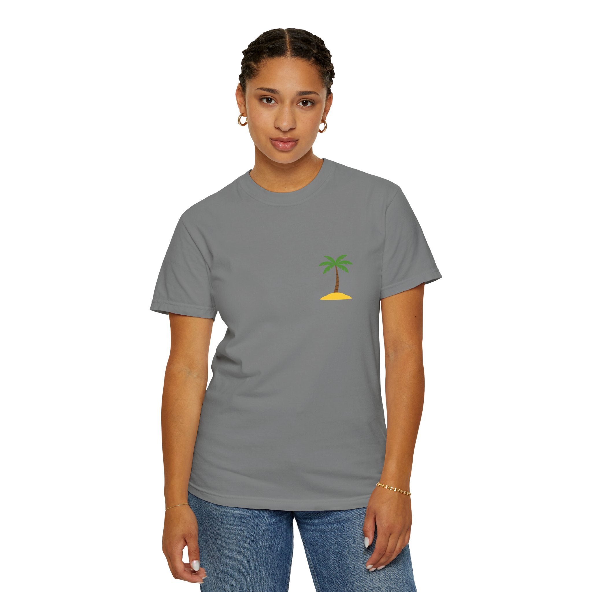 Palm Island Chest Tee — Minimal Tropical Graphic T-Shirt