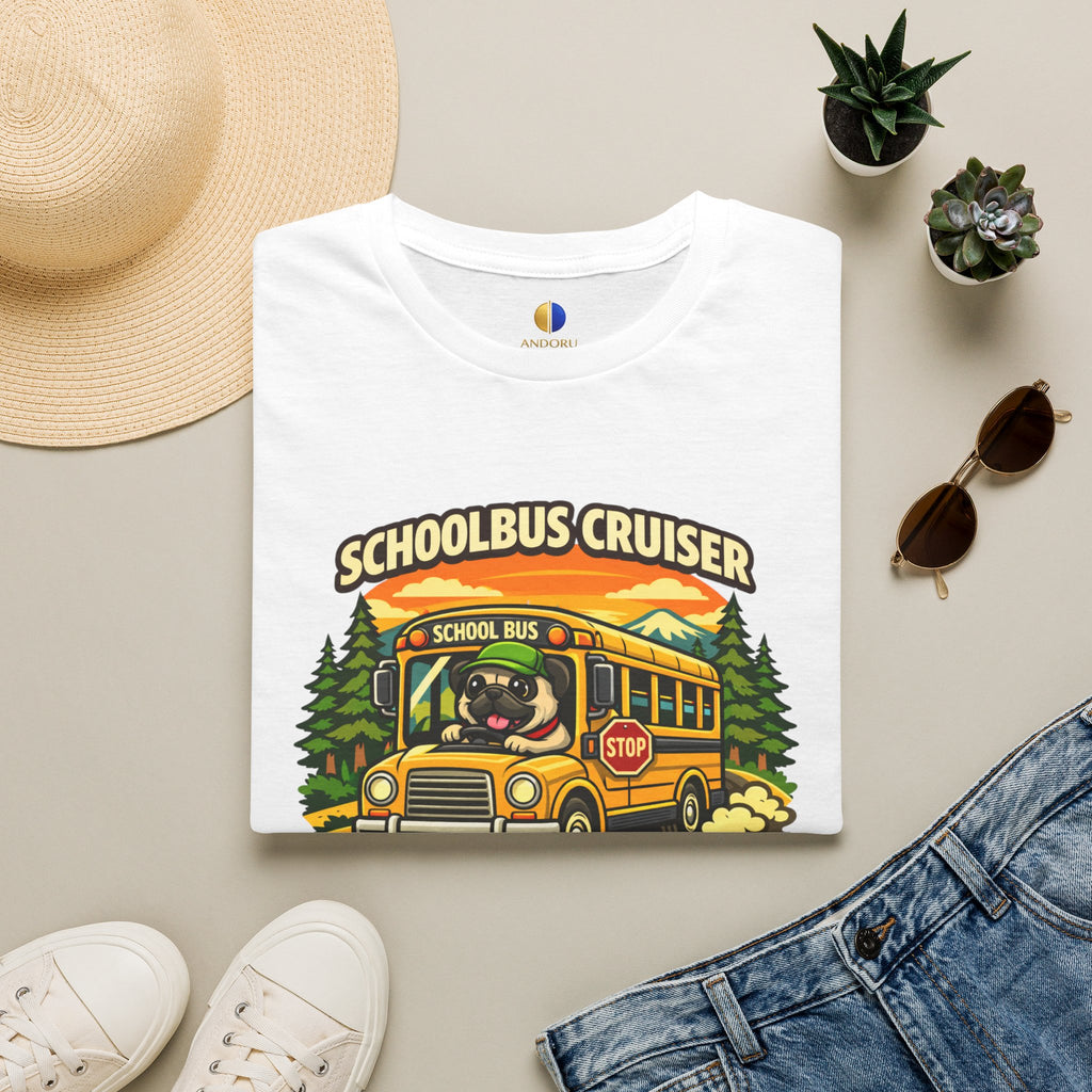 Schoolbus Cruiser T-Shirt — "Pugs On Board" Cute Dog Bus Graphic Tee