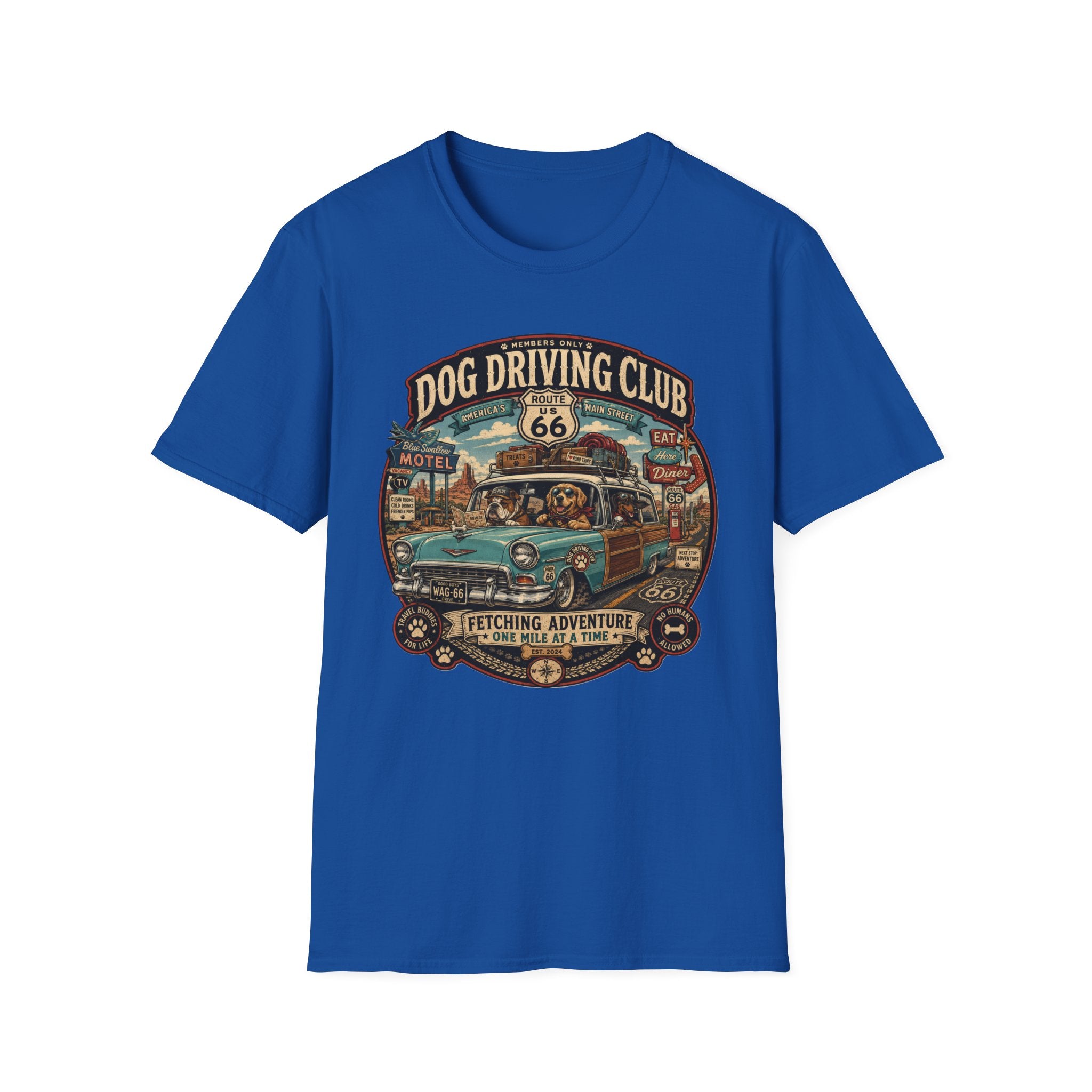 The Dog Driving Club T‑Shirt — Route 66 Retro Pet Road Trip Tee