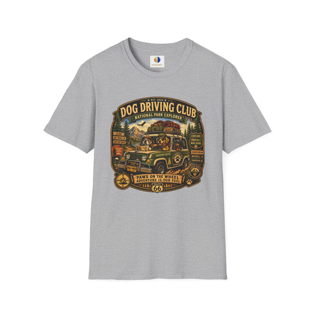 Dog Driving Club T‑Shirt — National Park Explorer Retro Pet Road Trip Tee