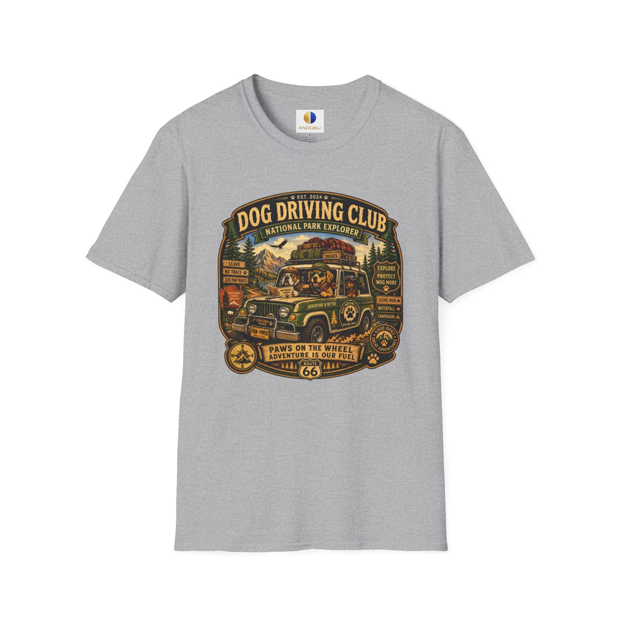 Dog Driving Club T‑Shirt — National Park Explorer Retro Pet Road Trip Tee