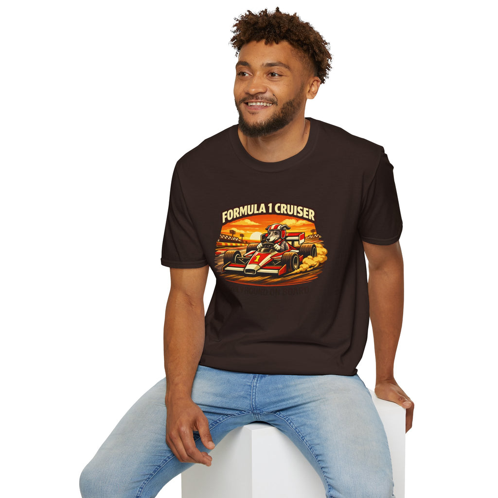 Formula 1 Cruiser T-Shirt — Vintage Racecar Graphic ("Greyhound On Board")