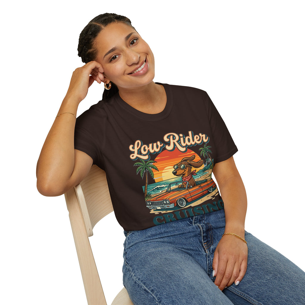 Low Rider Cruise Dog T-Shirt — Retro Palm Sunset Graphic Tee