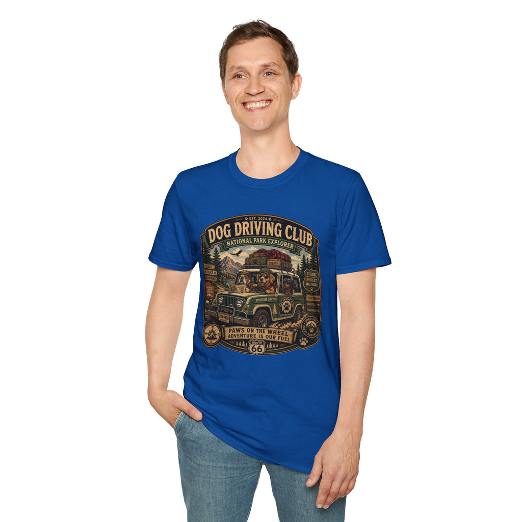 Dog Driving Club T‑Shirt — National Park Explorer Retro Pet Road Trip Tee