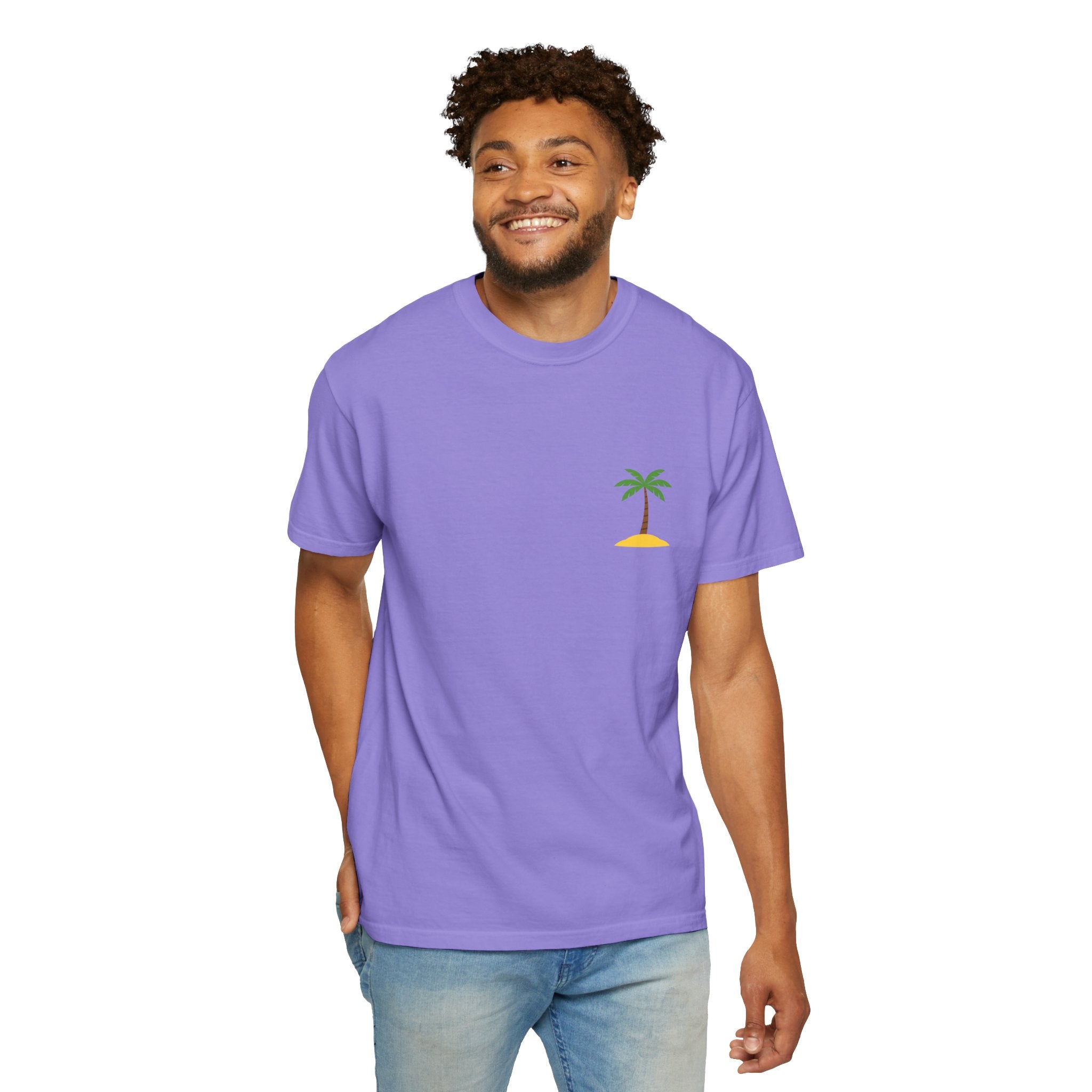 Palm Island Chest Tee — Minimal Tropical Graphic T-Shirt