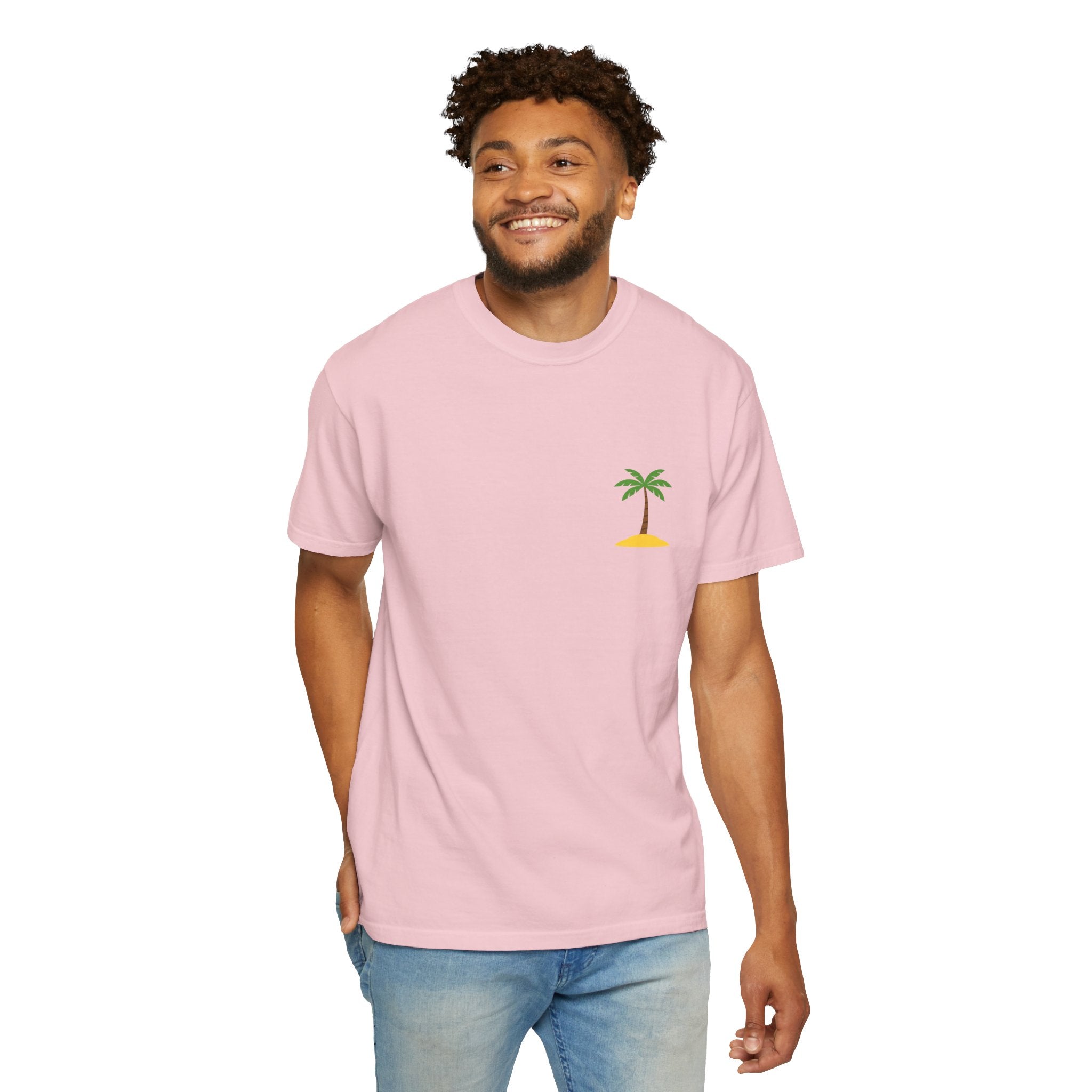 Palm Island Chest Tee — Minimal Tropical Graphic T-Shirt