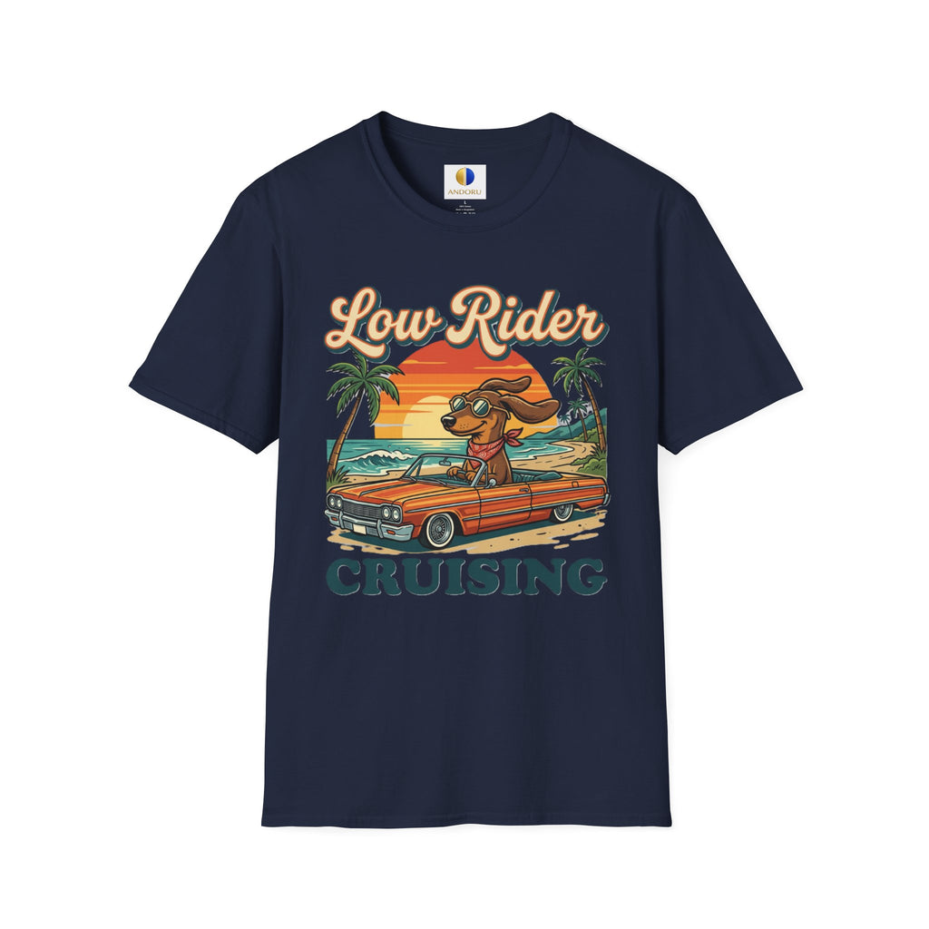 Low Rider Cruise Dog T-Shirt — Retro Palm Sunset Graphic Tee