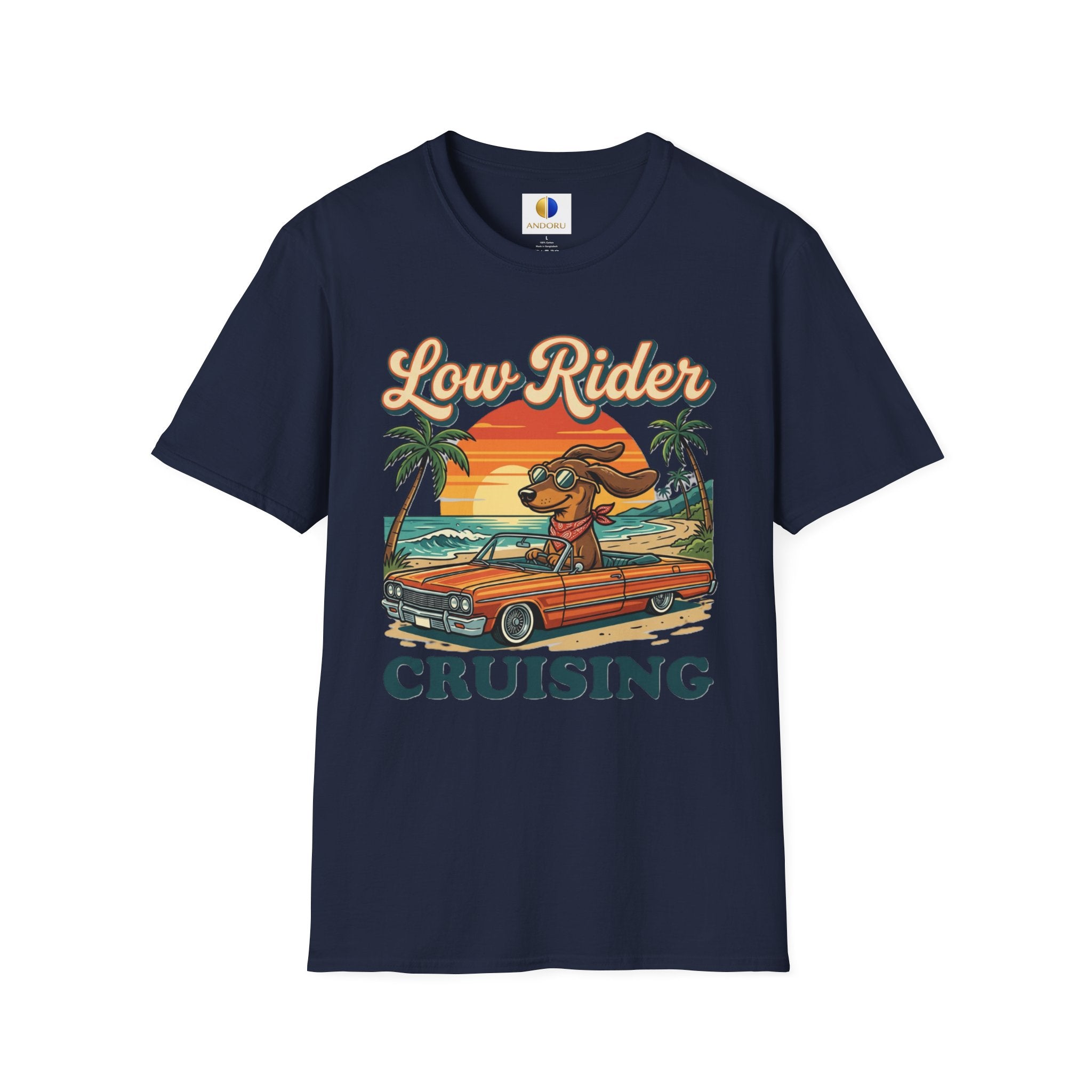 Low Rider Cruise Dog T-Shirt — Retro Palm Sunset Graphic Tee