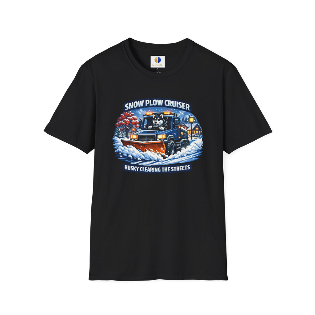 Snow Plow Cruiser T-Shirt — Husky Driving Plow Winter Tee