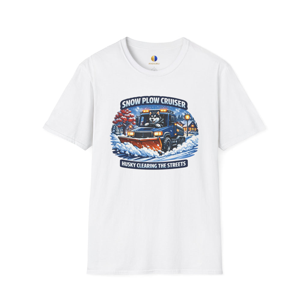 Snow Plow Cruiser T-Shirt — Husky Driving Plow Winter Tee