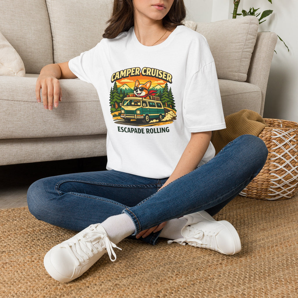 Camper Cruiser T-Shirt — Cute Corgi Van Life Graphic Tee for Camping Lovers