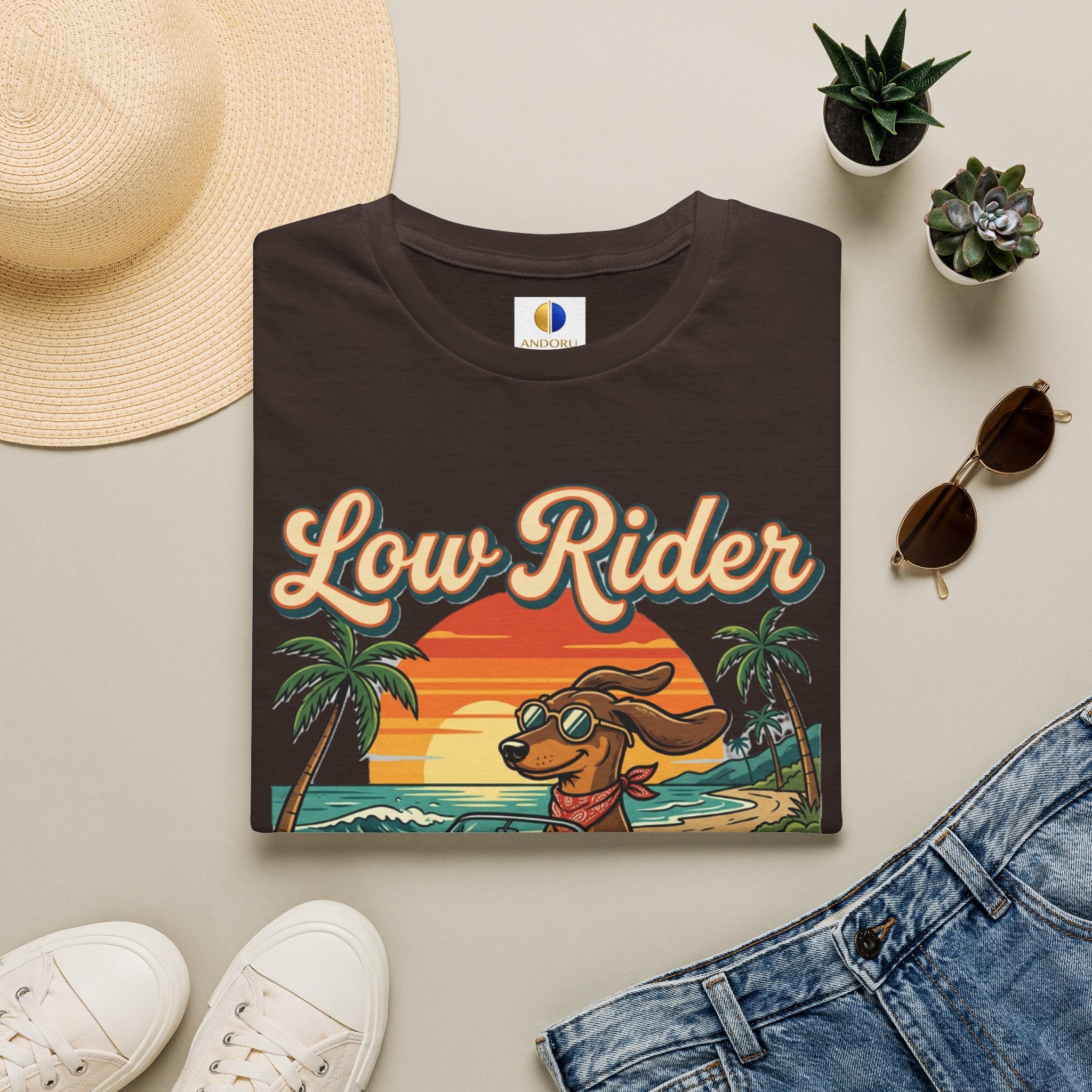 Low Rider Cruise Dog T-Shirt — Retro Palm Sunset Graphic Tee