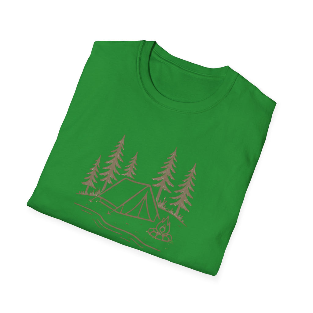 Camping Tent Tee — Minimal Lakeside Campfire Graphic T-Shirt