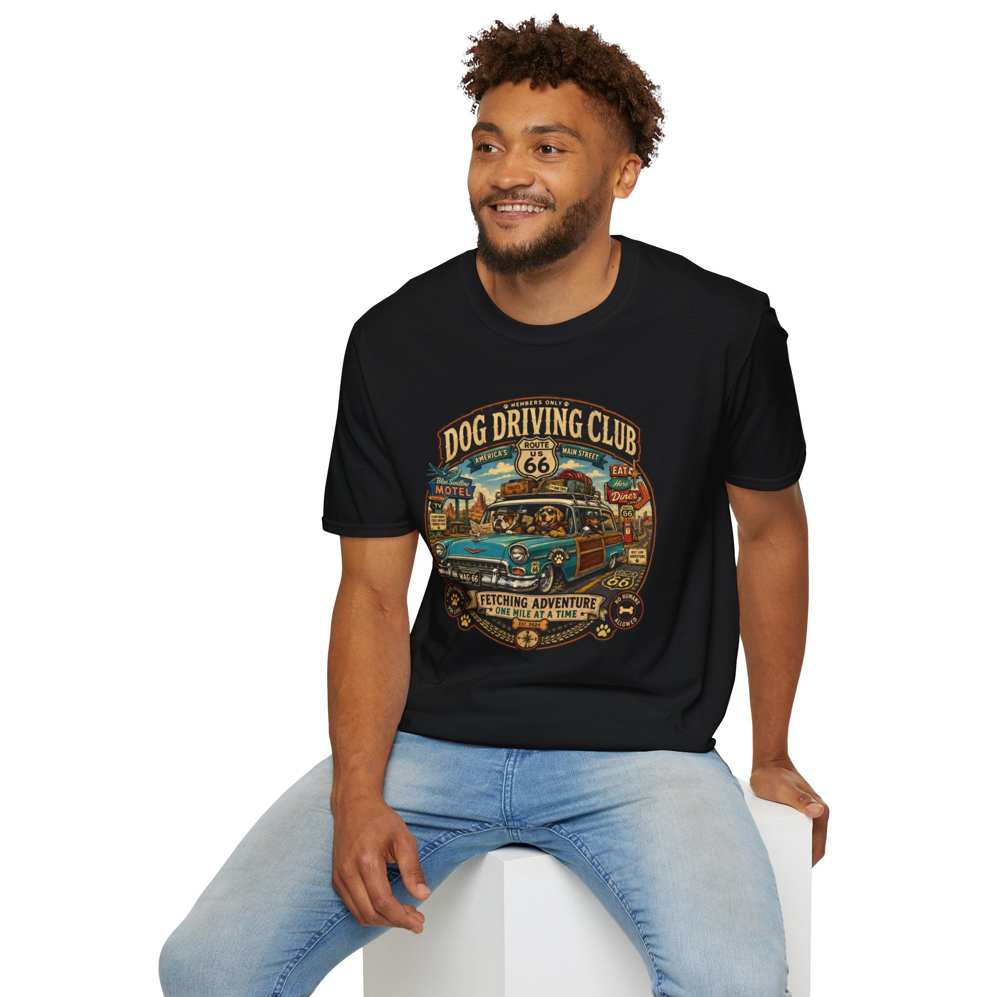 Dog Driving Club T‑Shirt — Route 66 Retro Pet Road Trip Tee
