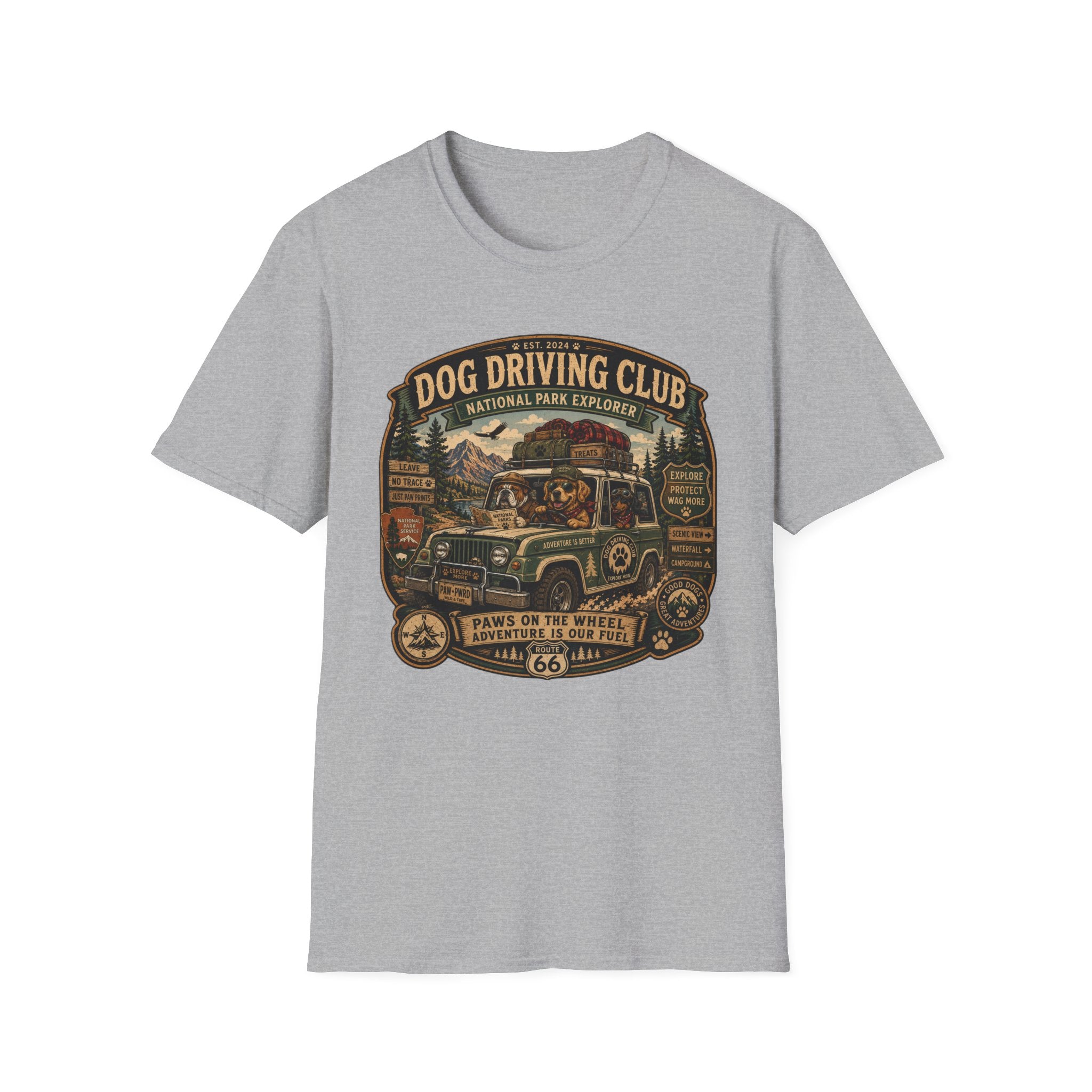 Dog Driving Club T‑Shirt — National Park Explorer Retro Pet Road Trip Tee