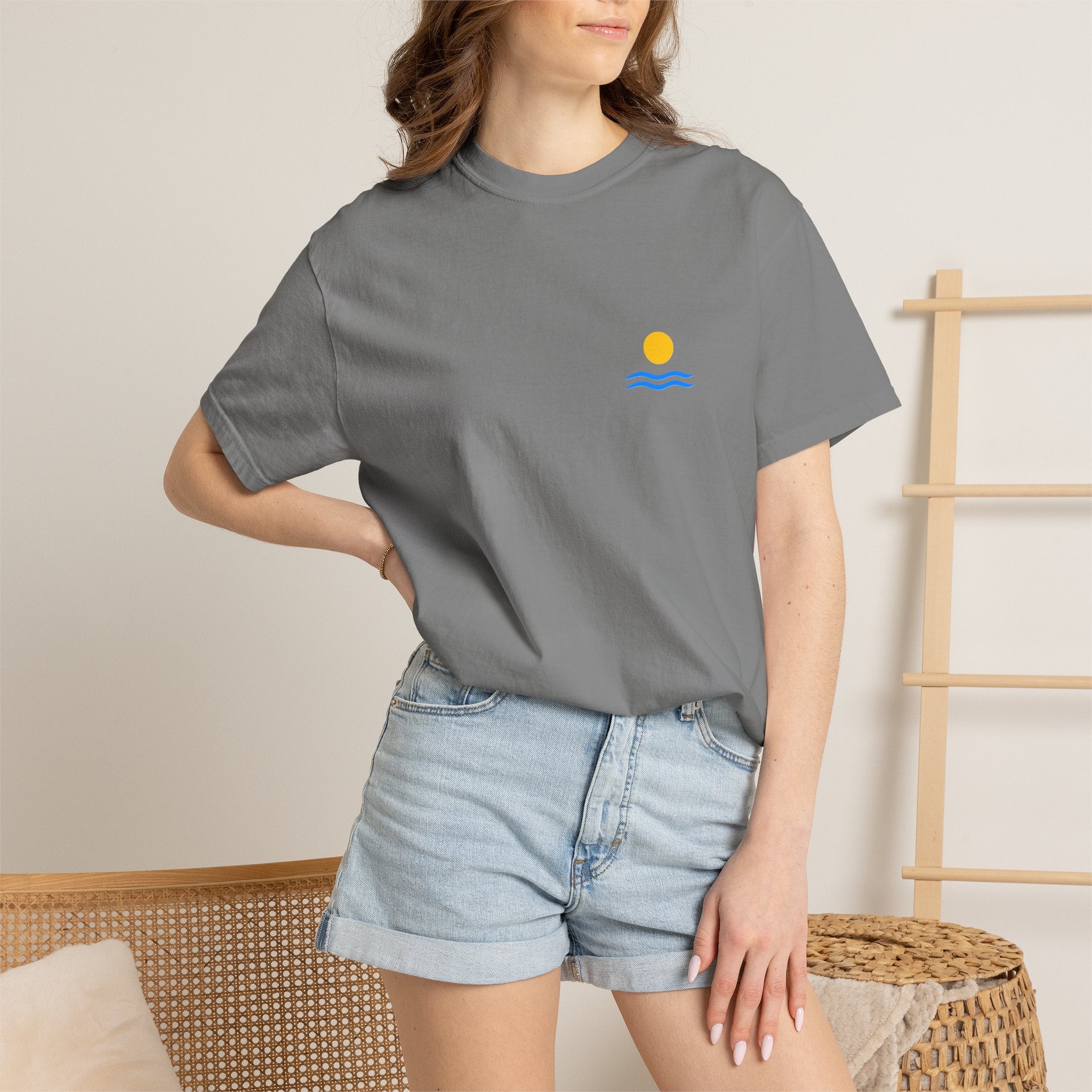 Sunrise Waves T-Shirt — Minimal Beach Pocket Graphic