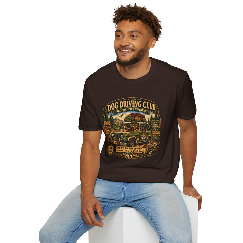 Dog Driving Club T‑Shirt — National Park Explorer Retro Pet Road Trip Tee