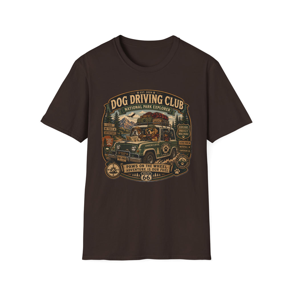 Dog Driving Club T‑Shirt — National Park Explorer Retro Pet Road Trip Tee