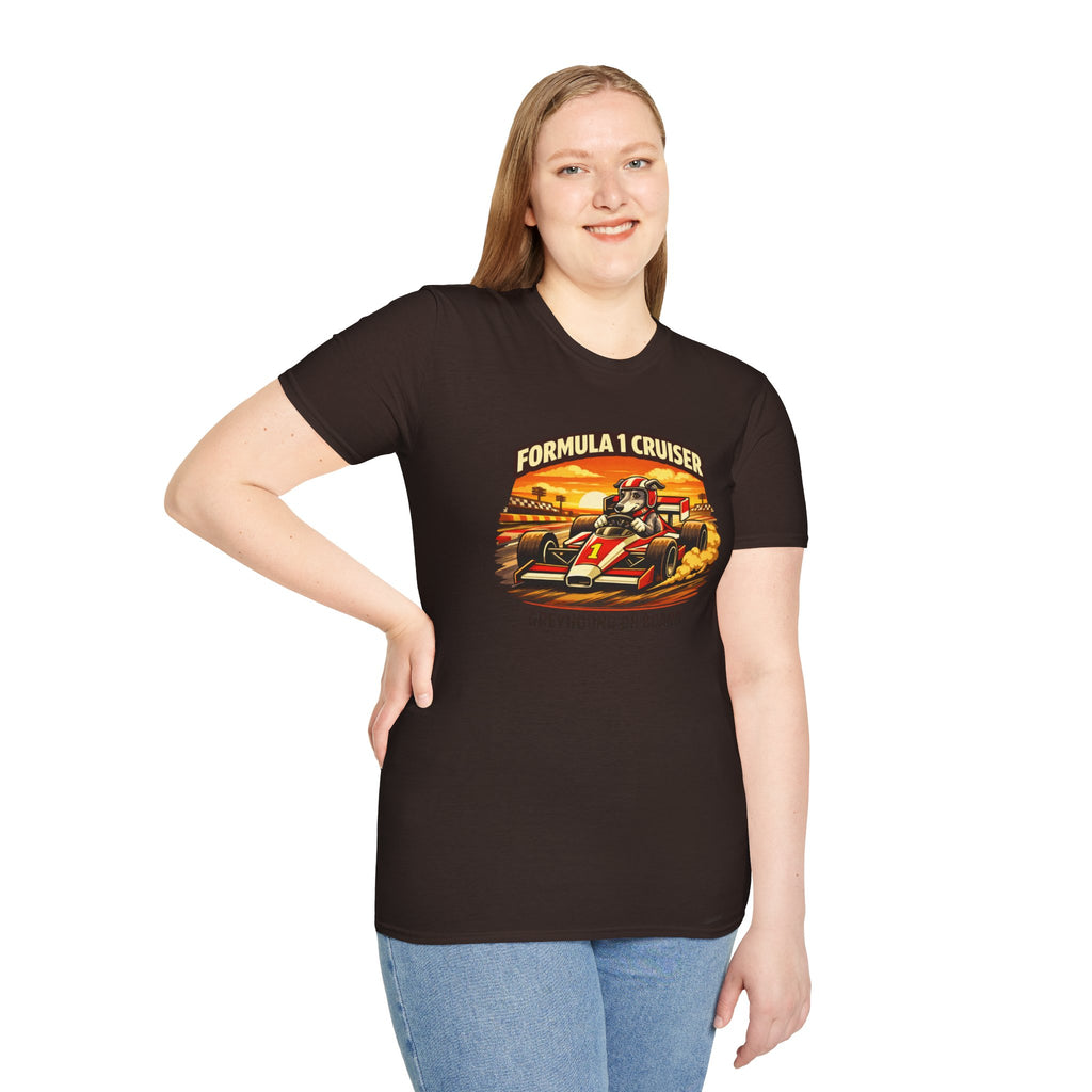 Formula 1 Cruiser T-Shirt — Vintage Racecar Graphic ("Greyhound On Board")
