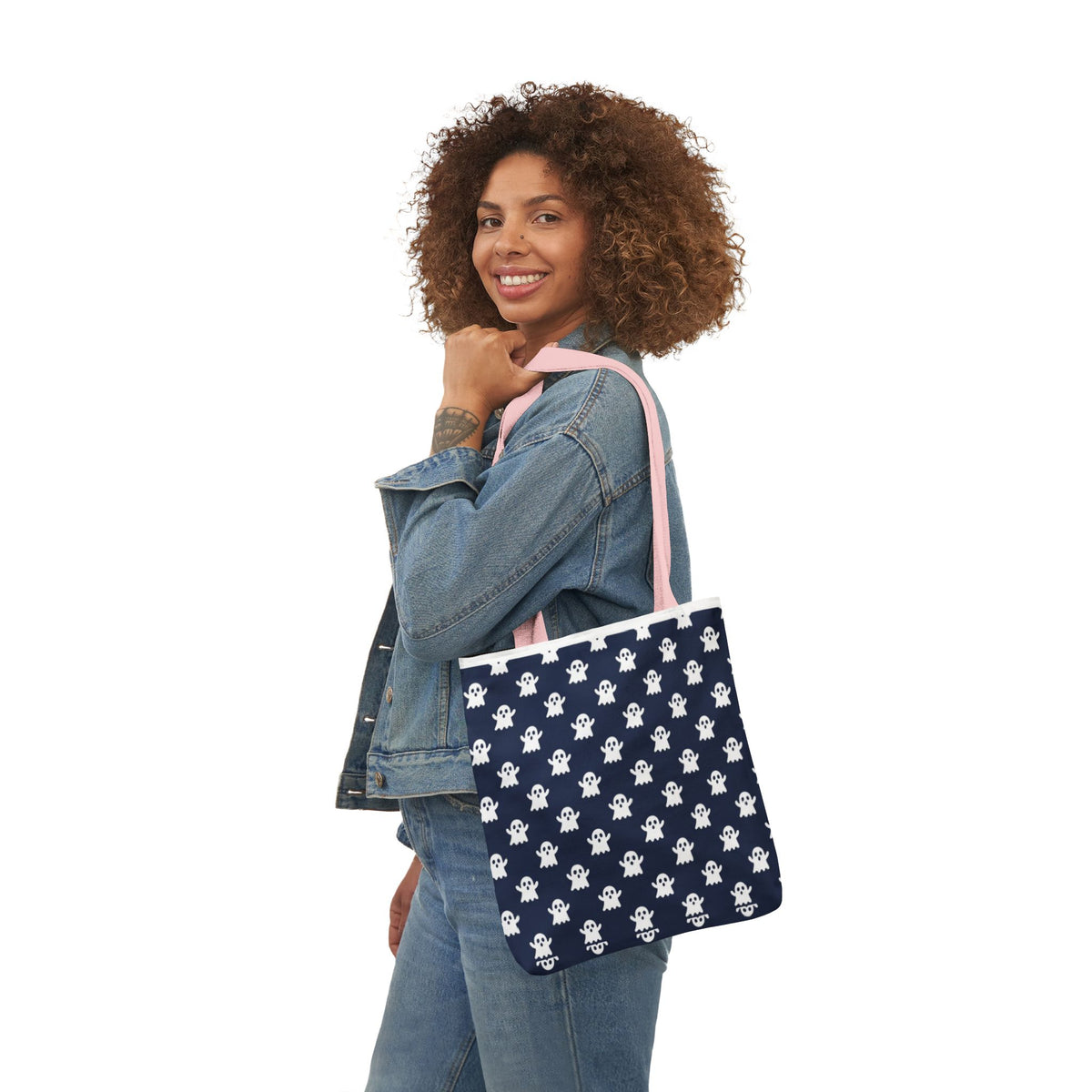 Halloween White Ghost Blue Pattern Canvas Tote Bag