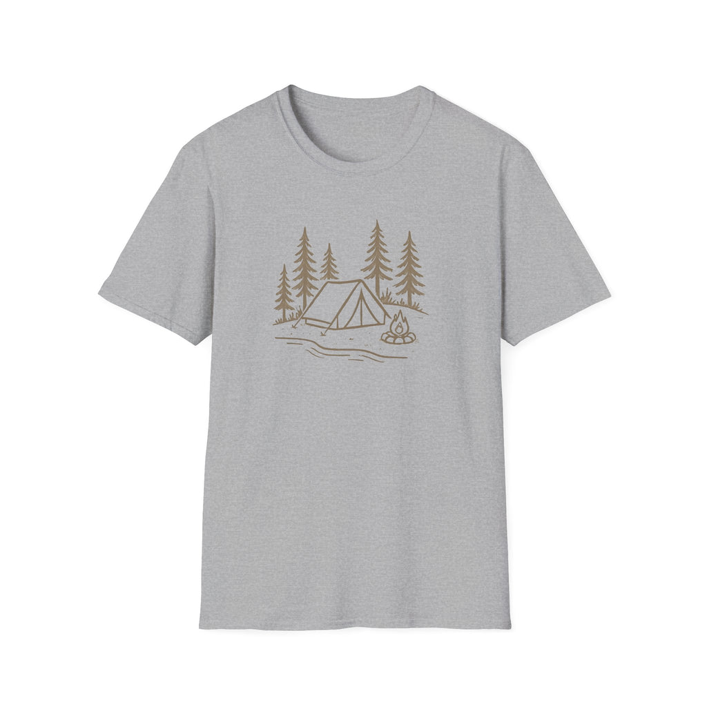 Camping Tent Tee — Minimal Lakeside Campfire Graphic T-Shirt