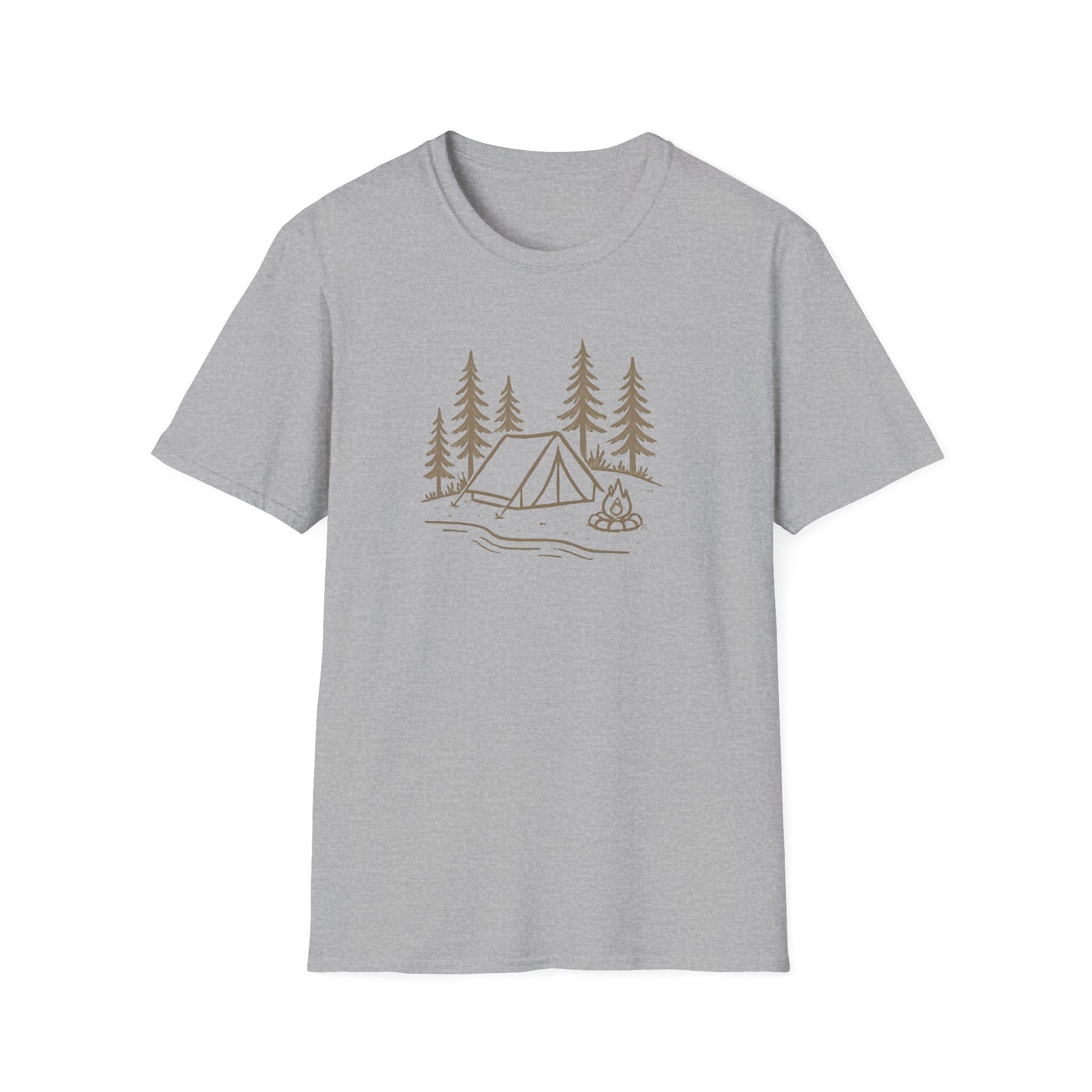 Camping Tent Tee — Minimal Lakeside Campfire Graphic T-Shirt