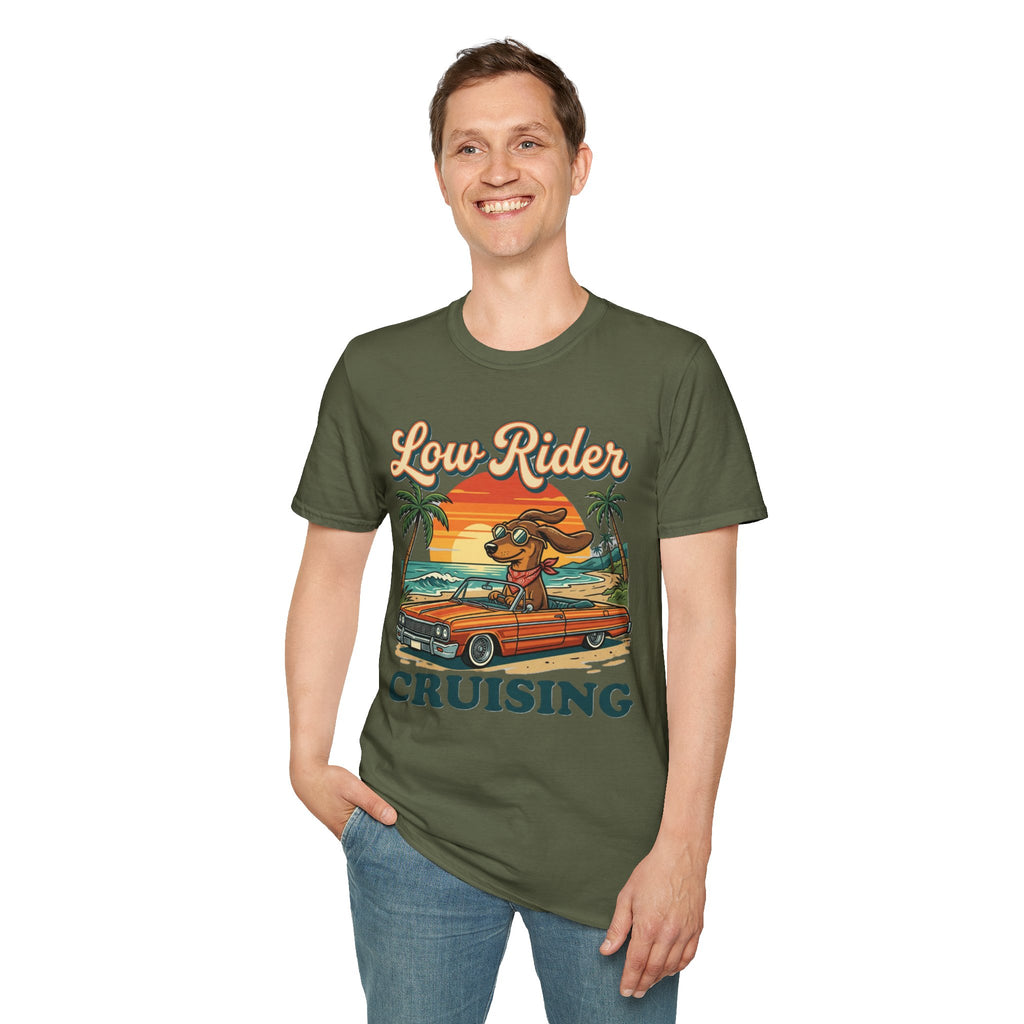 Low Rider Cruise Dog T-Shirt — Retro Palm Sunset Graphic Tee