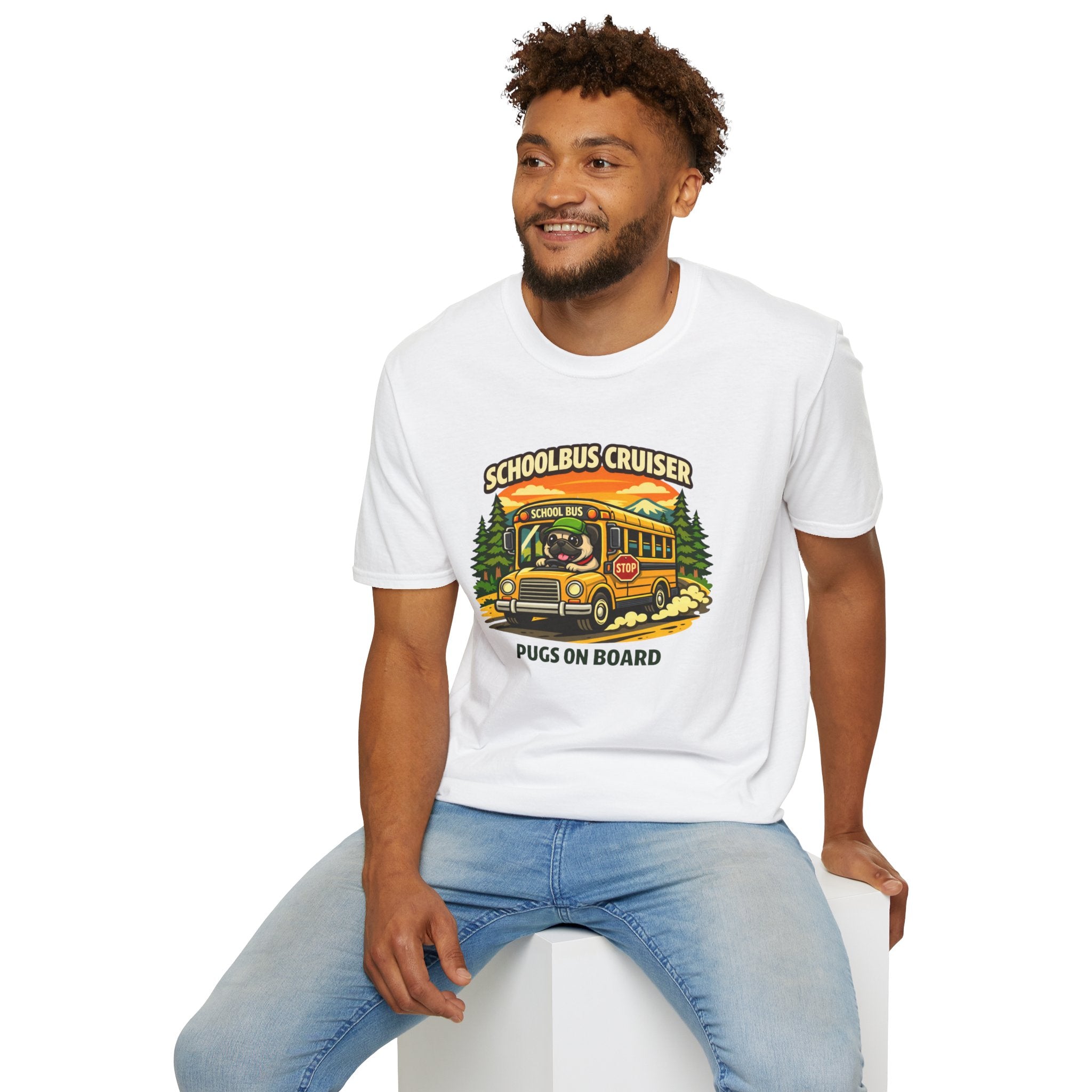 Schoolbus Cruiser T-Shirt — "Pugs On Board" Cute Dog Bus Graphic Tee