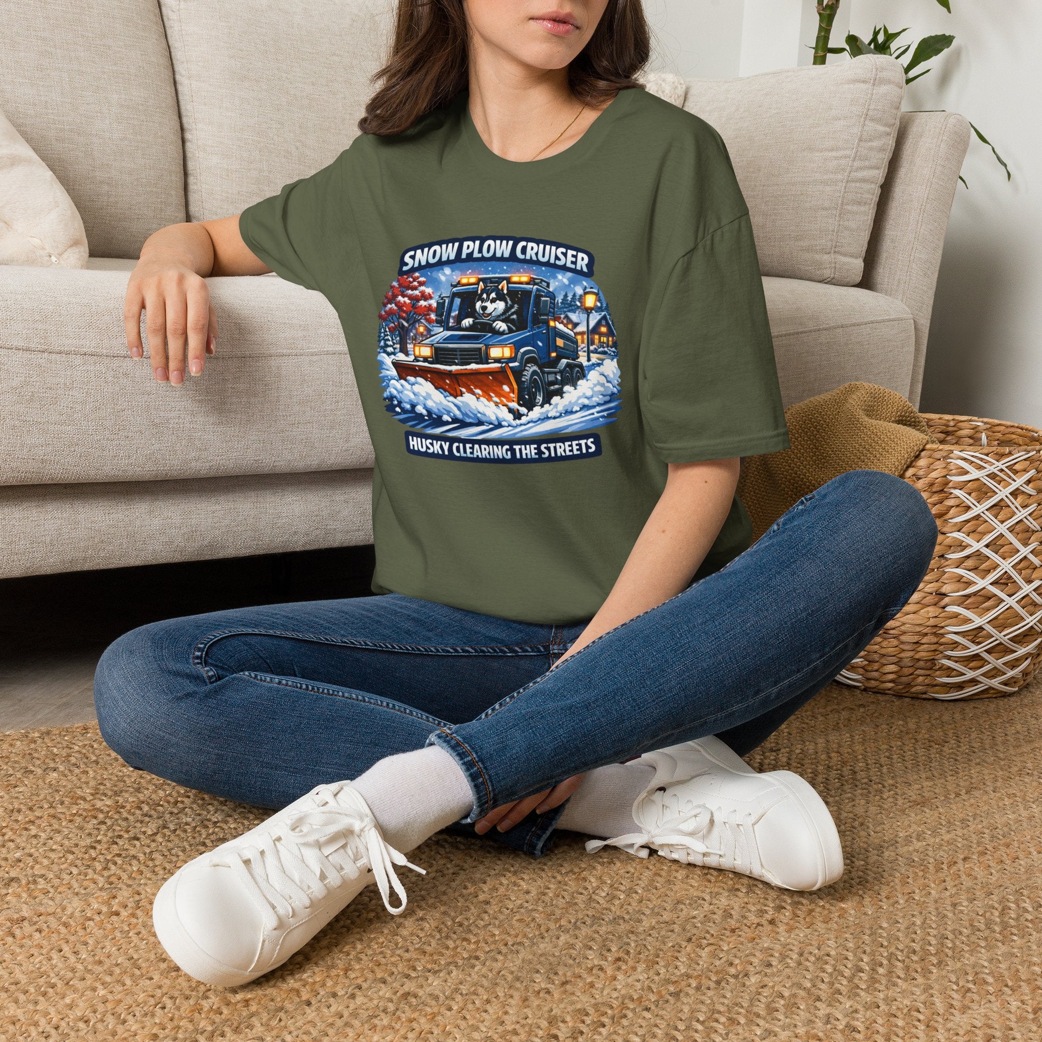 Snow Plow Cruiser T-Shirt — Husky Driving Plow Winter Tee