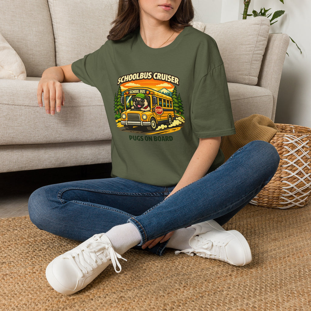 Schoolbus Cruiser T-Shirt — "Pugs On Board" Cute Dog Bus Graphic Tee