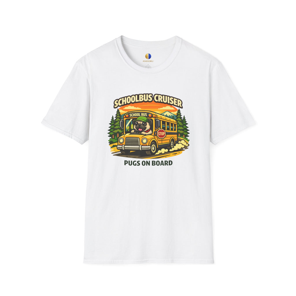 Schoolbus Cruiser T-Shirt — "Pugs On Board" Cute Dog Bus Graphic Tee