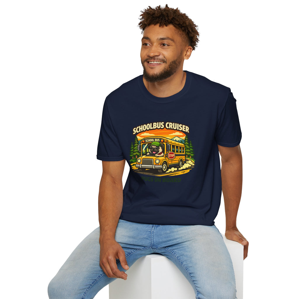 Schoolbus Cruiser T-Shirt — "Pugs On Board" Cute Dog Bus Graphic Tee